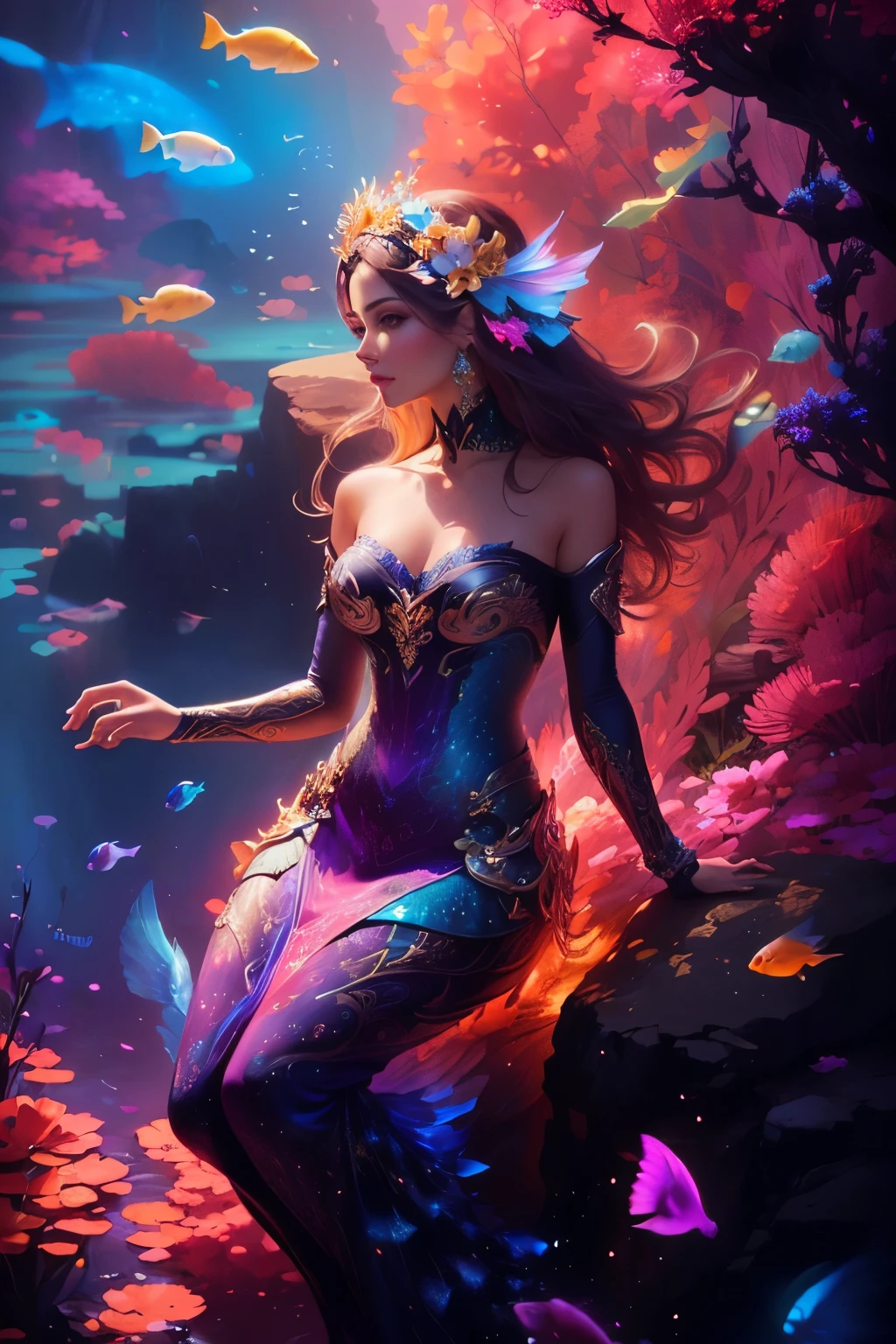 a dressed woman is sitting on a rock surrounded by fish, colorful digital fantasy art, hermoso arte UHD 4K, hermosa obra de arte digital, Arte digital 4k muy detallado, gorgeous digital art, karol bak uhd, digital art fantasy art, beautiful gorgeous digital art, digital art fantasy, detailed fantasy digital art, Arte digital detallado 4k