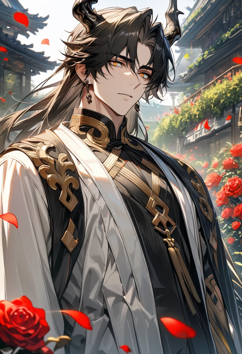 absurd resolution, high resolution, ultra detailed, HDR, master piece, best quality, extremely detailed face and eyes, beautiful vibrant eyes, Chong Yue, expressive golden eyes, black hair, black horns, Arknights, solo, sexy man, handsome, garden, red roses, petals, black and white clothes