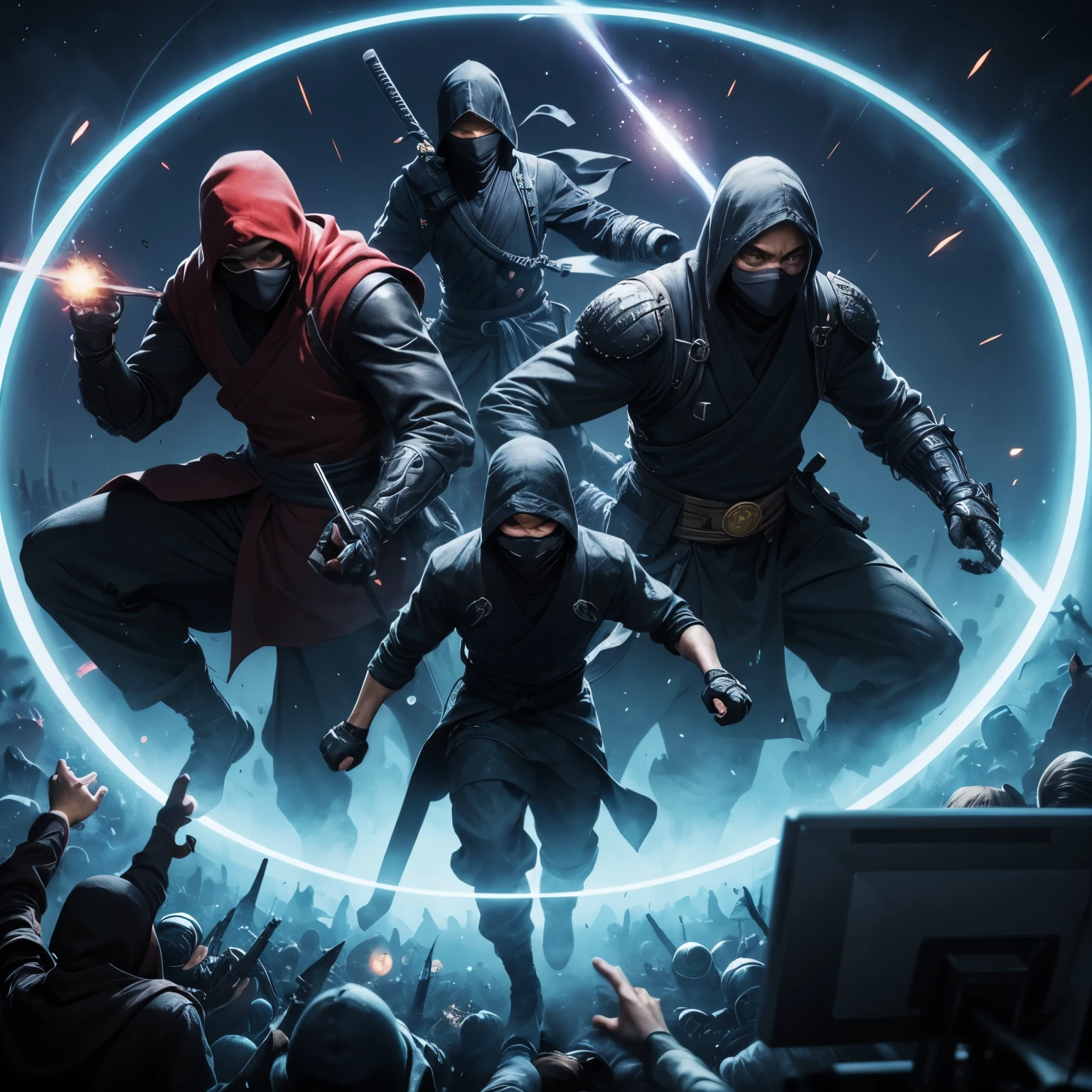 several technological ninjas within a huge circle of energy