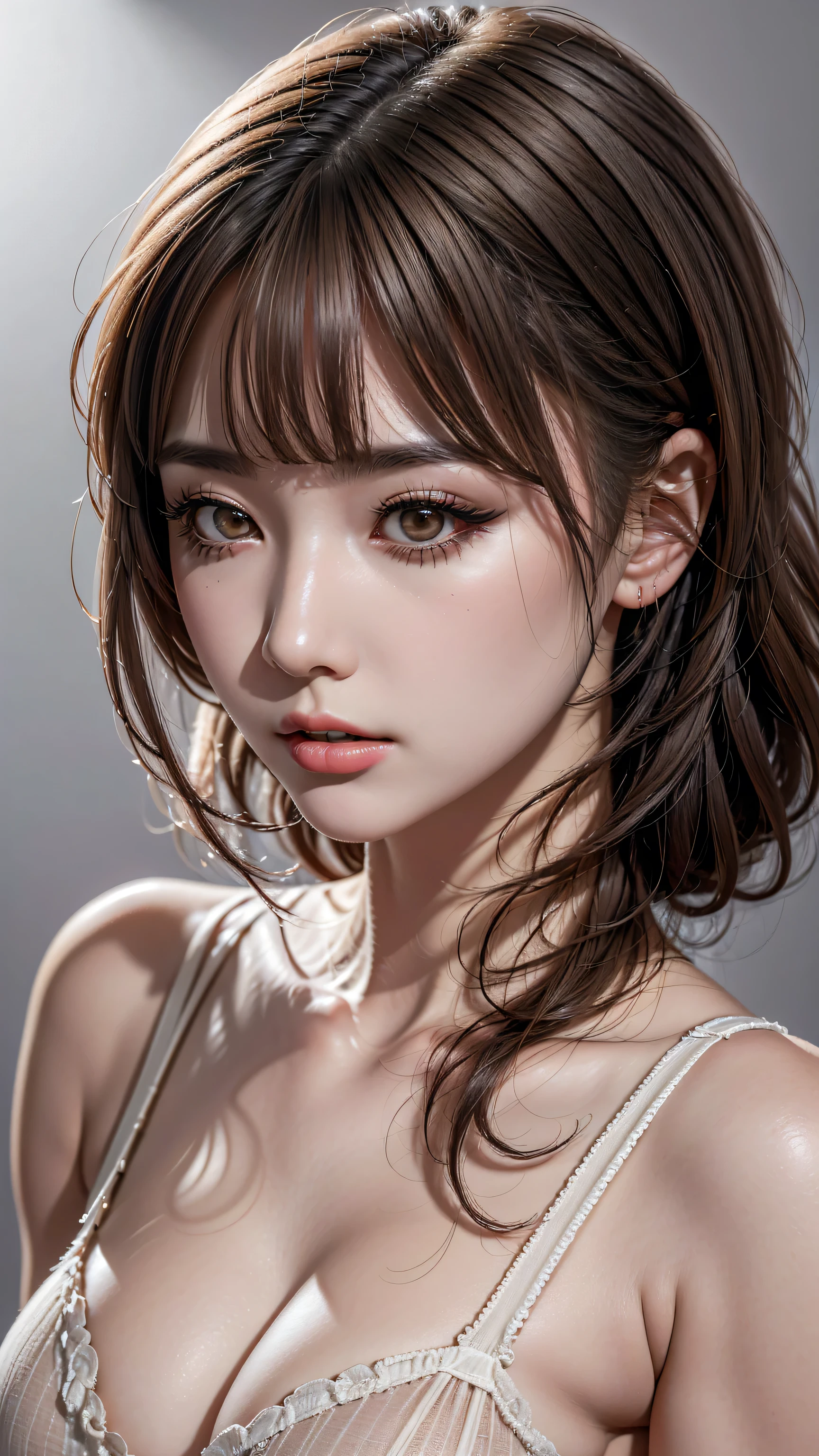 (At SFW), (1 girl:1.3), break, half body shot, Japanese,  supermodel, high school girl, (From the side), (highest quality:1.4), 32K resolution, (realistic:1.5), (超realistic:1.5), High resolution 32k UHD, (masterpiece:1.2)), (Improvement of quality:1.4), (very beautiful facial details), (highest qualityのリアルな質感の肌:1.4), (perfect anatomy:1.2), (Are standing:1.37), break, pink underwear, ((pink camisole:1.15)), ((pink panties:1.15)), break, Do not emphasize the top of the bust, ((In a classroom shining in pink:1.15)), precise fingers, Super detailed, symmetrical eyes, ((view audience)),natural makeup, ((A good eye for quality:1.2)), (tired, sleepy and satisfied:0.0), (fine lips:1.33), (fine nose:1.2), ((Physically based rendering of the background:1.37)), thin:1.2, flat chest, (thin lower body), brown hair, (Hairy hair:1.37), anxious face, Gentle light hits your face and body。, professional movie lighting,big breasts、school swimwear