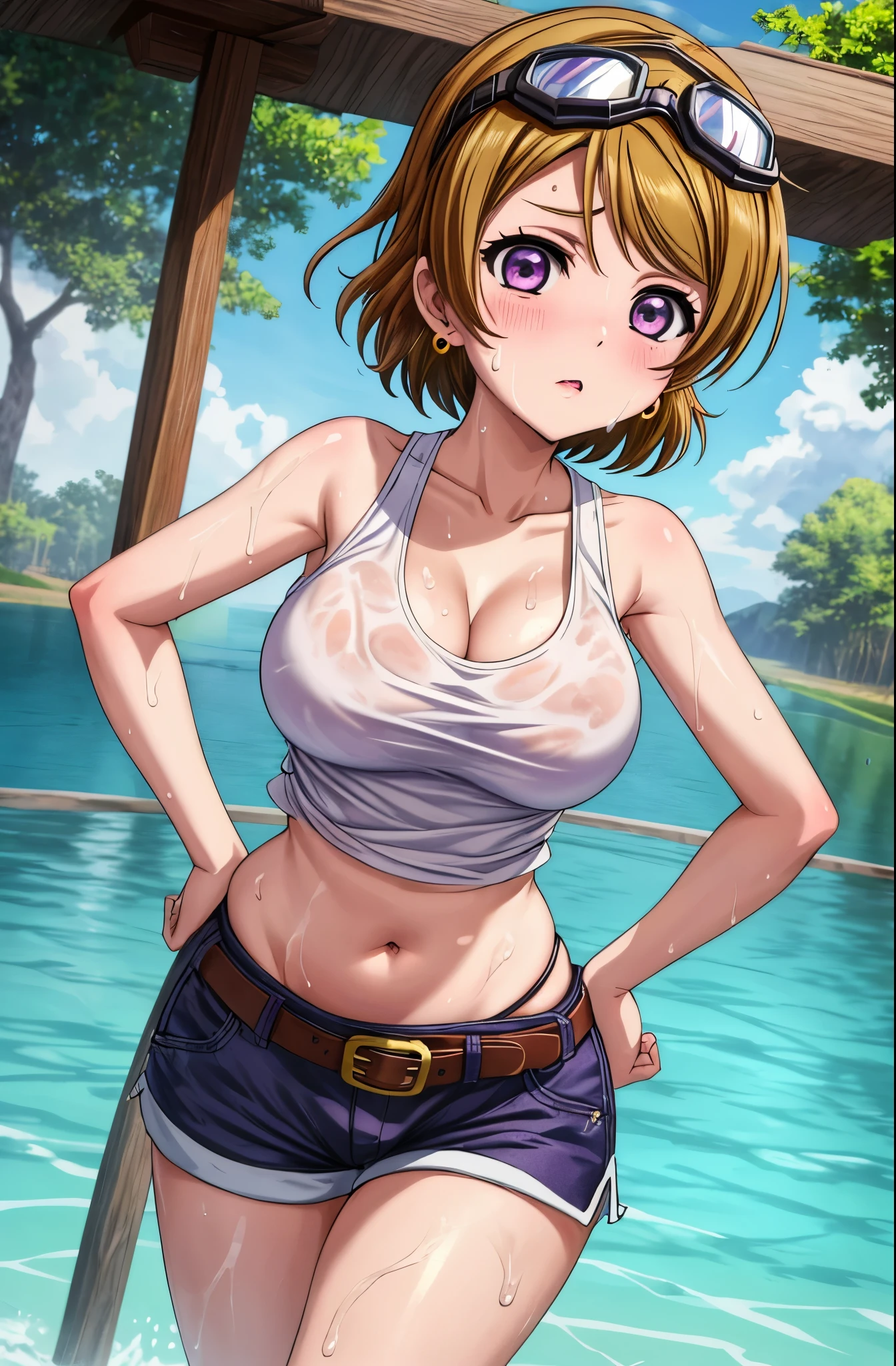 Masterpiece, best quality,solo, (cowboy shot), koizumi hanayo, purple eyes, big breasts, wide hips,hand on hip,  white tank top, brown short shorts,goggles on head, ,earrings, fortune , slightly exposed midriff ,sweaty oily skin, clothes soaked in sweat ,belt,(navel:1.1),(plump:0.8)