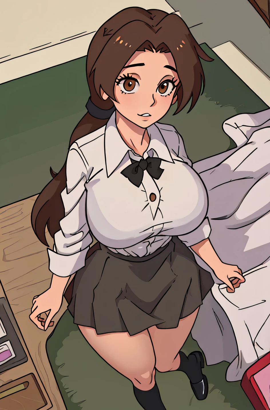 A tall sexy attractive MILF woman with big breasts, long brown hair, her brown eye, wears a white button-down shirt and her black school skirt, sensually wearing black shoes. 