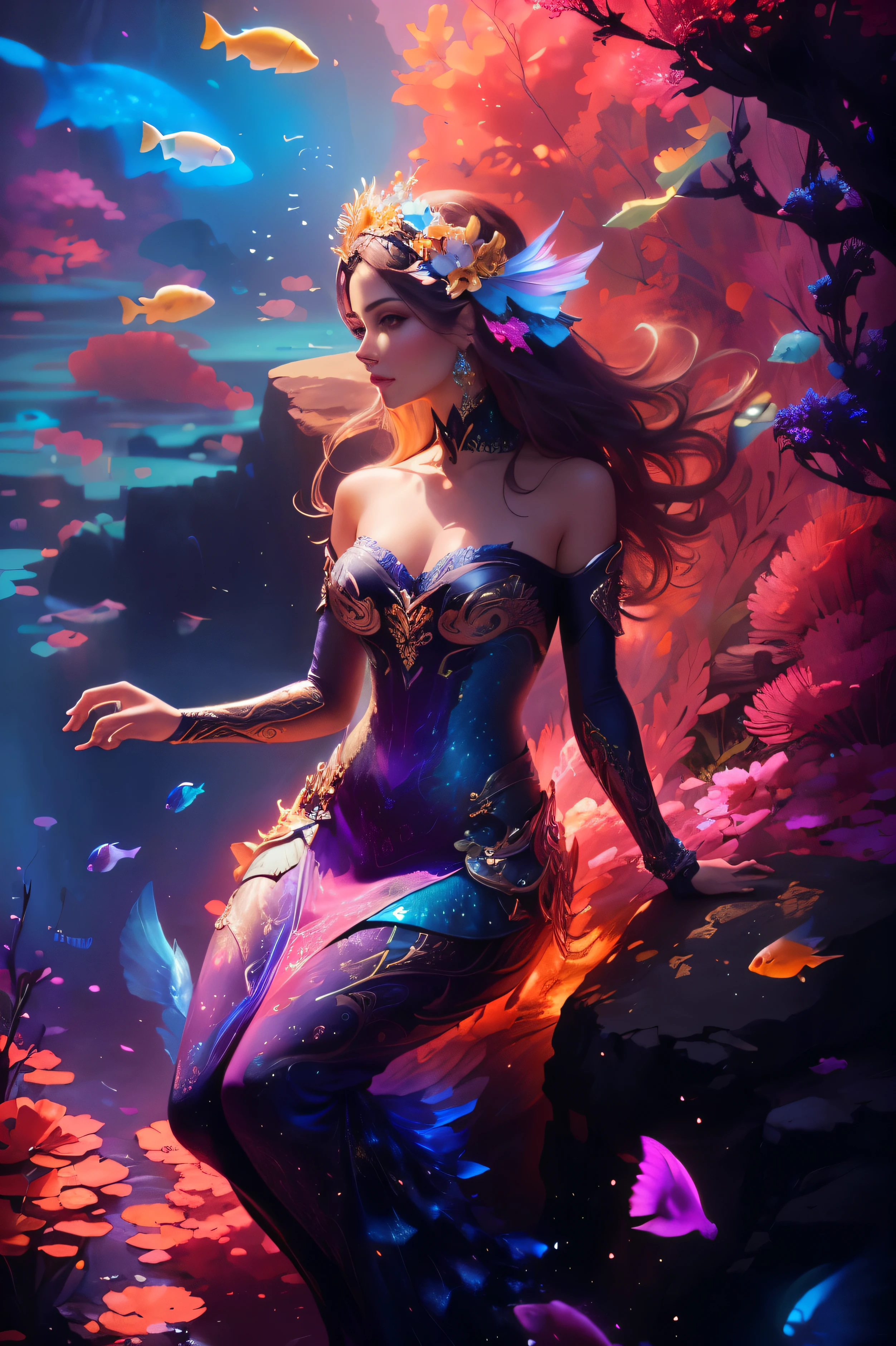 a dressed woman is sitting on a rock surrounded by fish, colorful digital fantasy art, hermoso arte UHD 4K, hermosa obra de arte digital, Arte digital 4k muy detallado, gorgeous digital art, karol bak uhd, digital art fantasy art, beautiful gorgeous digital art, digital art fantasy, detailed fantasy digital art, Arte digital detallado 4k