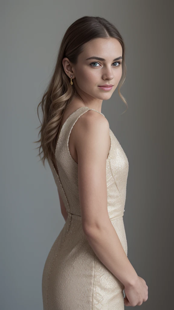 midbody photo of young caucasian blonde queen, with almond-shaped brown eyes, small and skinny, wearing a white and gold silk evening dress, perfect hands, perfect body, perfect hair, hair behind ear, UHD, retina, masterpiece, accurate, anatomically correct, textured skin, super detail, high details, high quality, award winning, best quality, highres, 16k, 8k,