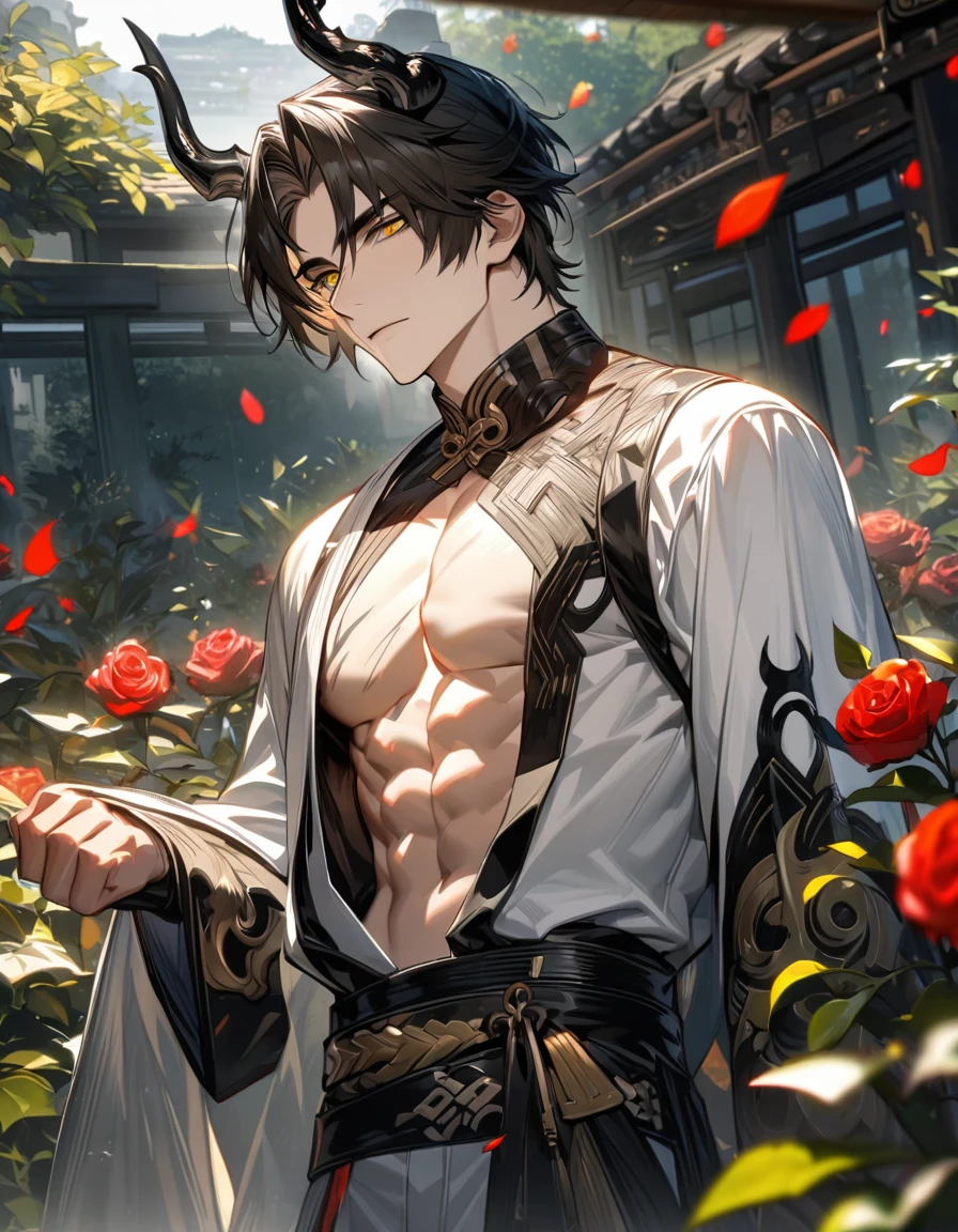 absurd resolution, high resolution, ultra detailed, HDR, master piece, best quality, extremely detailed face and eyes, beautiful vibrant eyes, Chong Yue, expressive yellow eyes, black hair, short hair, black horns, Arknights, solo, sexy man, toned chest, handsome, garden, red roses, petals, black and white clothes