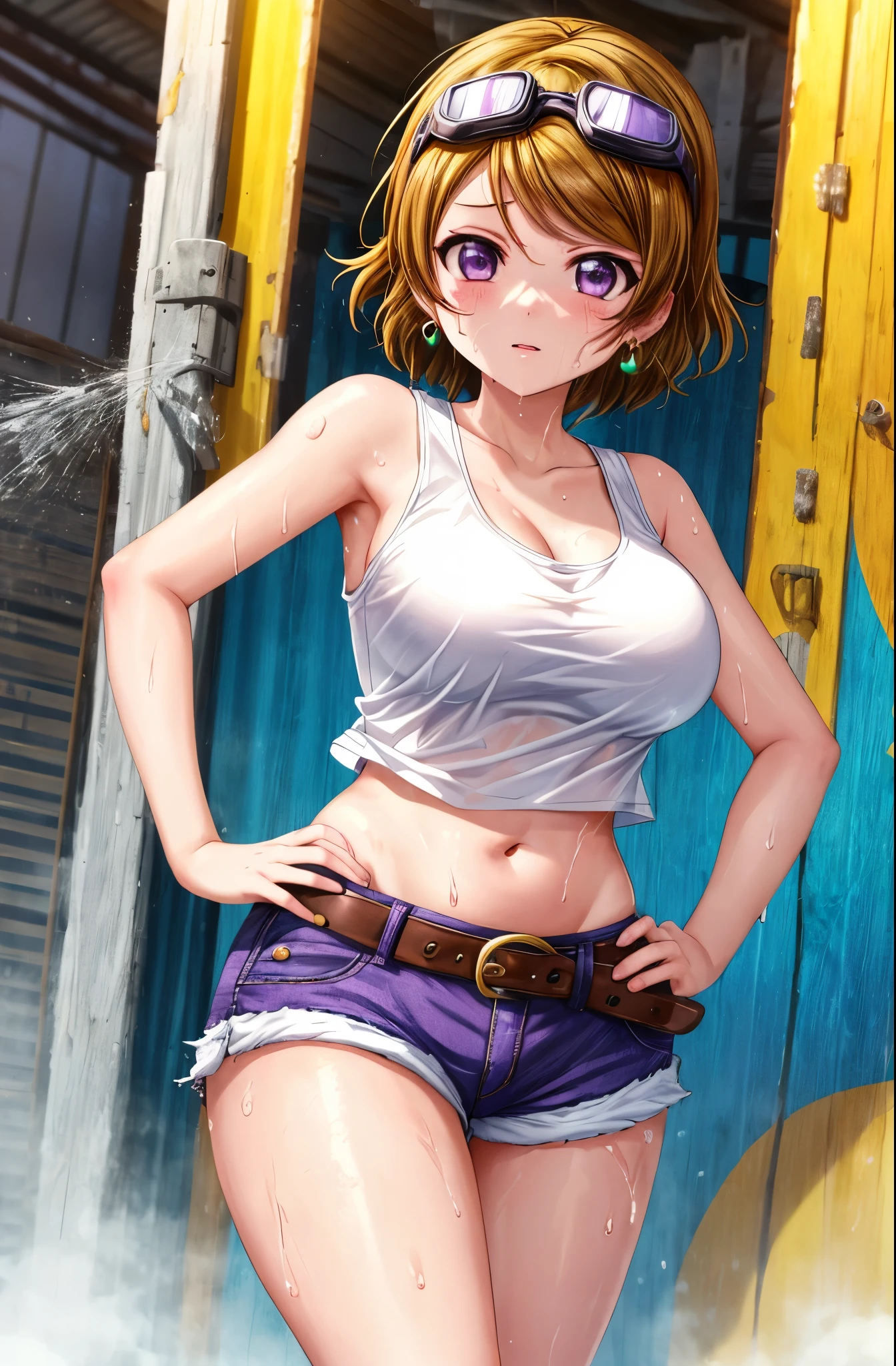 Masterpiece, best quality,solo, (cowboy shot), koizumi hanayo, purple eyes, big breasts, wide hips,hand on hip,  white tank top, brown short shorts,goggles on head, ,earrings, fortune , slightly exposed midriff ,sweaty oily skin, clothes soaked in sweat ,belt,(navel:1.1),(plump:0.8)