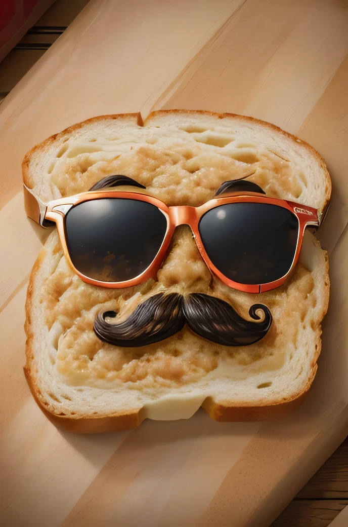 A pair of sunglasses and a mustache drawn on a slice of bread, with the caption: "Bread-y for anything with my disguise."
Absurdres, ultra realistic, professional lightning, many details, extreme detailed, full of details, Wide range of colors, Dramatic, Dynamic, Cinematic, Sharp details, Insane quality, Insane resolution, Insane details, Masterpiece, 32k resolution,