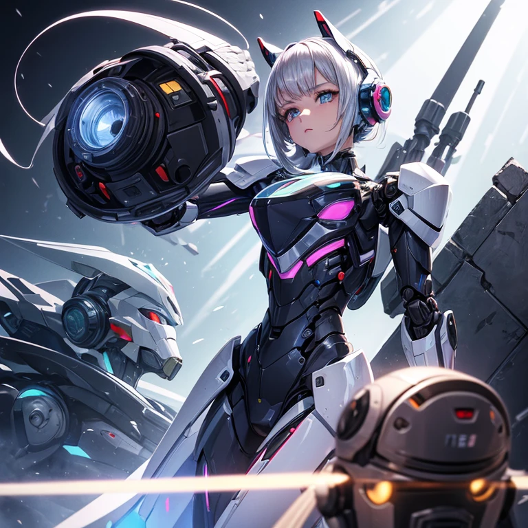 ((Robot Girl, Mechas)), olhos brilhantes, rosto delicado, armadura quebrada, mechanical aura, mechanical arm, cabelo grisalho, Cabelo longo, ceramic body, fenda apertada, tiny chest, cyber background, Cidade muito legal, (Translucent, pele reflexiva), 8k, melhor qualidade, ultra-detalhado, (Surrealismo: 1.4),