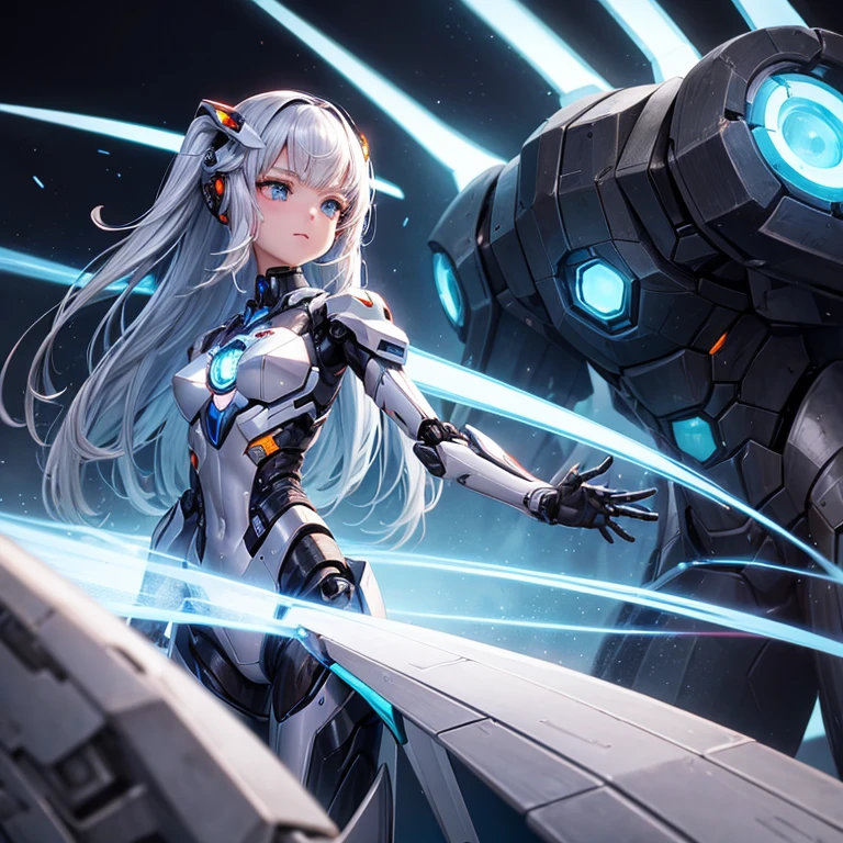 ((Robot Girl, Mechas)), olhos brilhantes, rosto delicado, armadura quebrada, mechanical aura, mechanical arm, cabelo grisalho, Cabelo longo, ceramic body, fenda apertada, tiny chest, cyber background, Cidade muito legal, (Translucent, pele reflexiva), 8k, melhor qualidade, ultra-detalhado, (Surrealismo: 1.4),