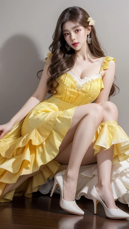 A young woman with a sweet, beautiful face, smooth white skin, and large, double-layered eyes. Long, dark brown hair with big curls. Wearing a yellow skirt with lace ruffles. and high heels