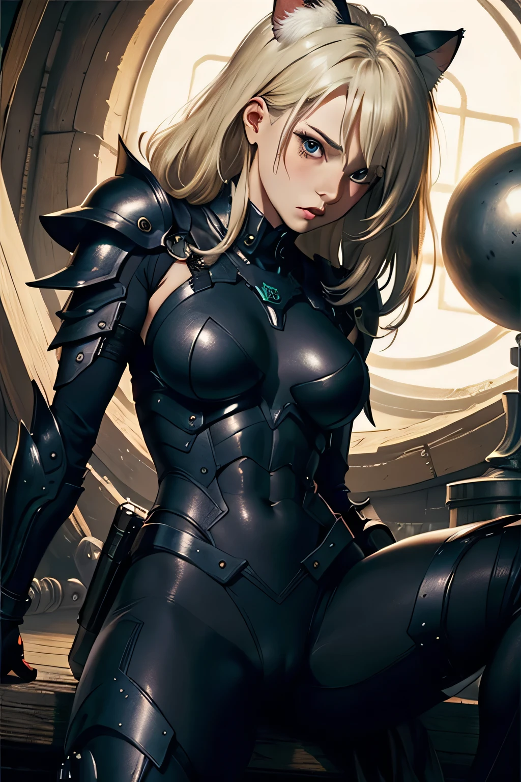 ((highest quality)), ((masterpiece)), (be familiar with), (High definition), 8K, Perfect Face, Two blonde women with cat ears, (Astride a metal sphere), Anguished expression, tall, 2 Blonde cat ears, 2. Long Hair, 2. Volumetric hair style, Large Breasts, Constricted waist, Big Ass, glamorous, Alluring, protector, Armor, combat suit, Combat Boots, Armament, Cinematic, Best Shadow, Side lighting, NEO TOKYO, cowboy shot,(Close-up of face)