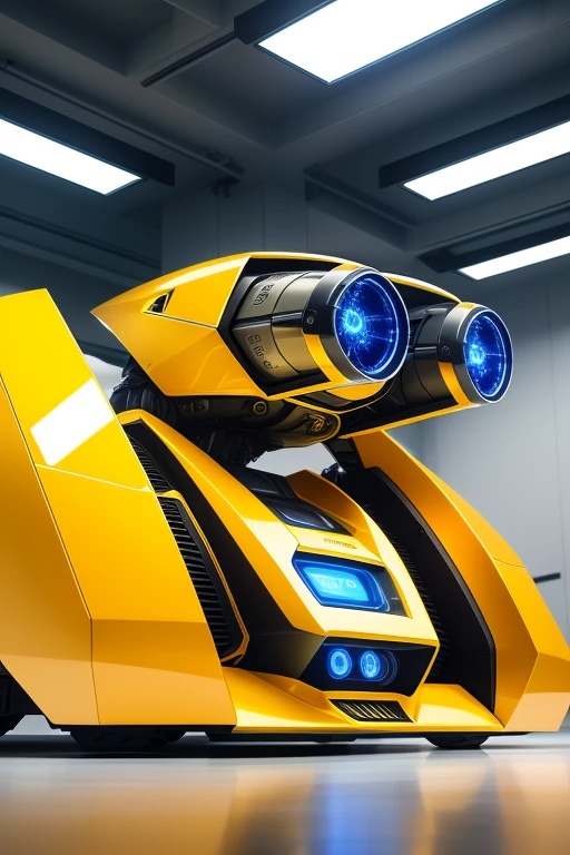 In the heart of a state-of-the-art laboratory, a magnificent yellow High-Definition robot comes to life, boasting the best quality and highest resolution imagery. With stubby yet meticulously designed arms, its metallic texture shines with a glossy finish under the studio lighting. Glowing sapphire eyes pierce through the room, adding to the futuristic design and sophisticated details of the mechanical creature. The robot's reflective body gleams as it moves with precision and robotic grace, showcasing the innovative design and powerful presence of advanced technology. Vivid colors illuminate every inch of its intricate machinery, revealing the sleek appearance and sharp edges that define modern art. Capt