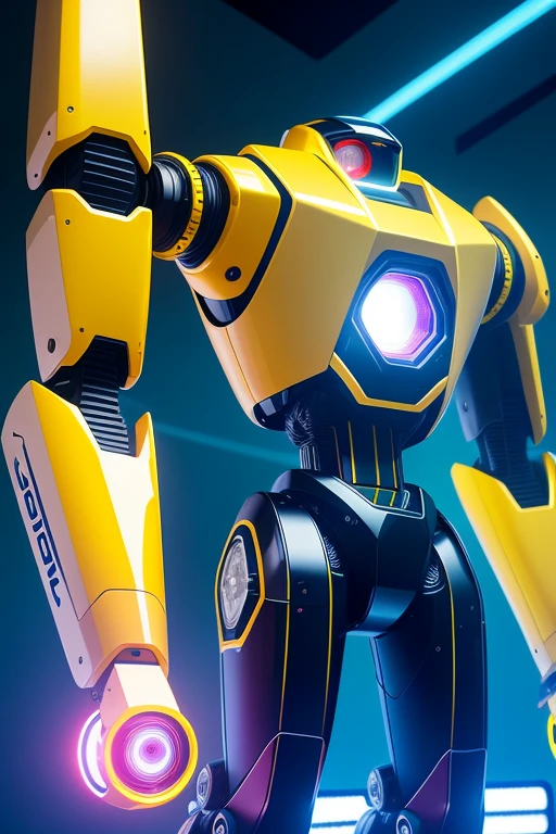In the heart of a state-of-the-art laboratory, a magnificent yellow High-Definition robot comes to life, boasting the best quality and highest resolution imagery. With stubby yet meticulously designed arms, its metallic texture shines with a glossy finish under the studio lighting. Glowing sapphire eyes pierce through the room, adding to the futuristic design and sophisticated details of the mechanical creature. The robot's reflective body gleams as it moves with precision and robotic grace, showcasing the innovative design and powerful presence of advanced technology. Vivid colors illuminate every inch of its intricate machinery, revealing the sleek appearance and sharp edges that define modern art. Capt