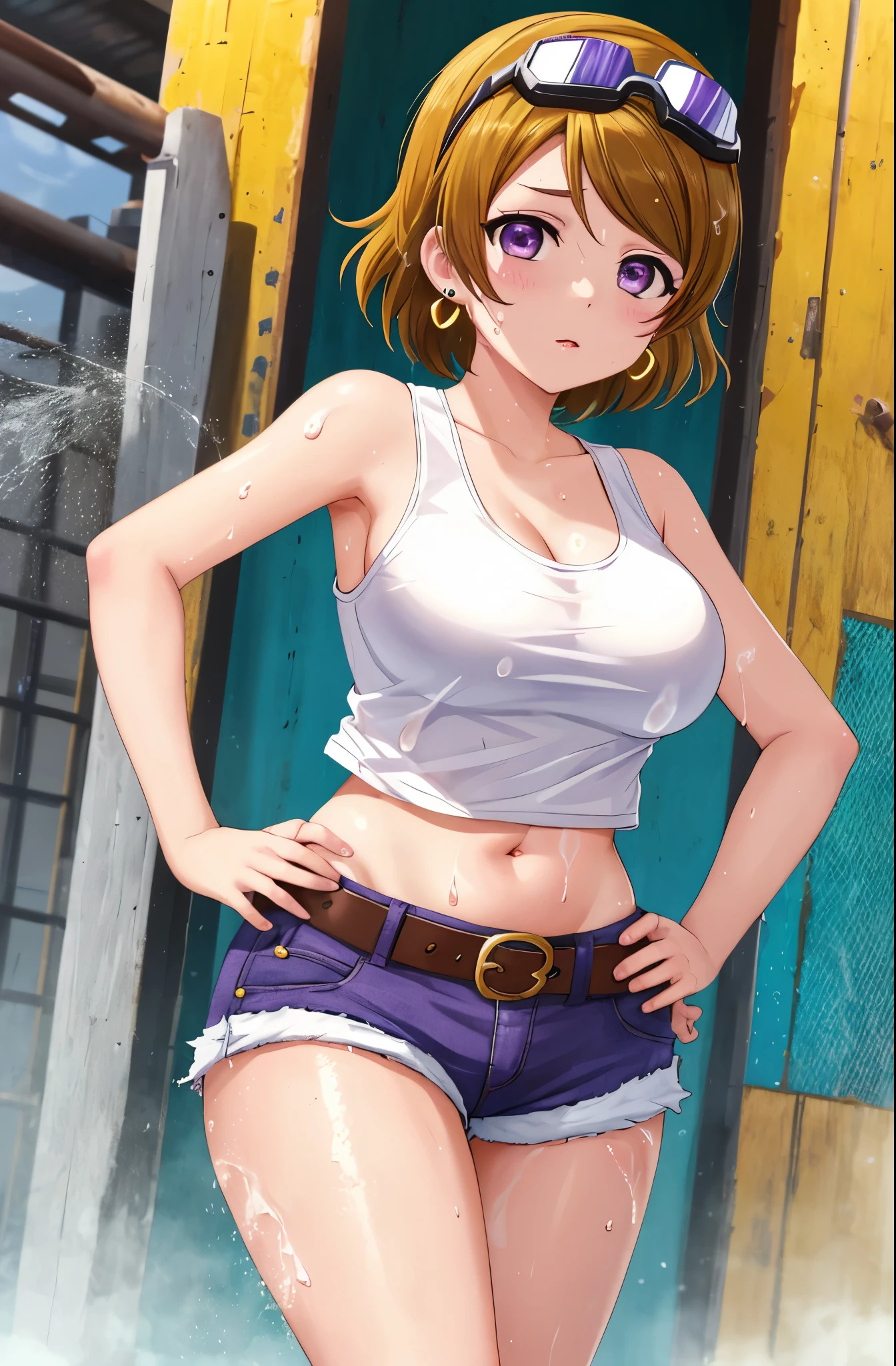 Masterpiece, best quality,solo, (cowboy shot), koizumi hanayo, purple eyes, big breasts, wide hips,hand on hip,  white tank top, brown short shorts,goggles on head, ,earrings, fortune , slightly exposed midriff ,sweaty oily skin, clothes soaked in sweat ,belt,(navel:1.1),(plump:0.8)