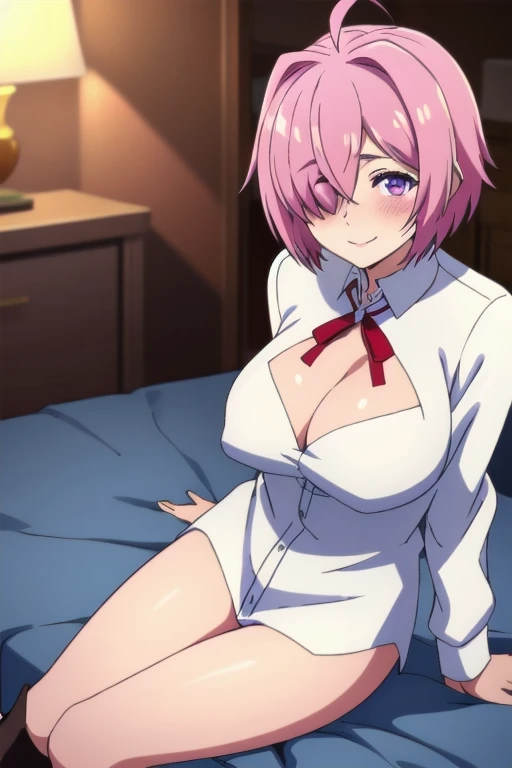 Blush, ((((White color blouse)))),  black long boots, (on top of the bed), Reclining, D-cups, White hair, ahoge,((hair covering one eye)), Heart-shaped pupils, Purple eyes, Evil smile, Seductive smile, hearts in eyes, torogao, Reflectors, Yandere, anime big breast, Chiaroscuro, Ray tracing, shadowing, hyper HD, Masterpiece, Accurate, Anatomically correct, Textured skin, Super detail, High details, High quality, Award-Awarded, Best quality, A high resolution, 16k，(There is love around you)，Tempting