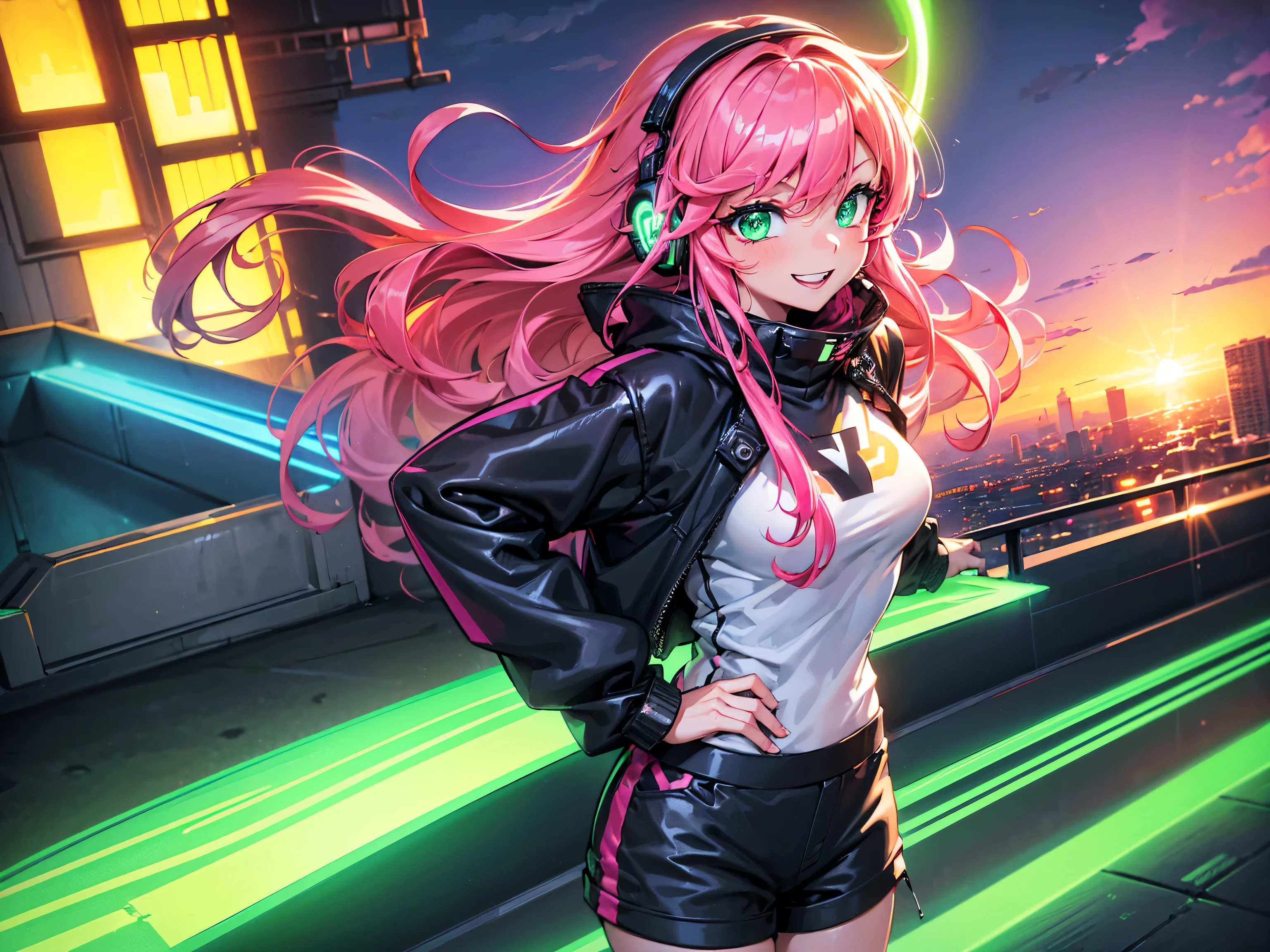 masterpiece:1.4, 1girl ((20year old, dressed in long sleeve shirt, tight black shorts, sneakers, medium breasts, multicolor pink hair, curly long hair, green eyes:1.4, Wearing headphones, happy, smiling, standing on a balcony:1.1 tall sci-fi buildings in background:1.1, neon and energetic atmosphere:1.2)) ((sunset)) (close up shot)) ((solo:1.6))