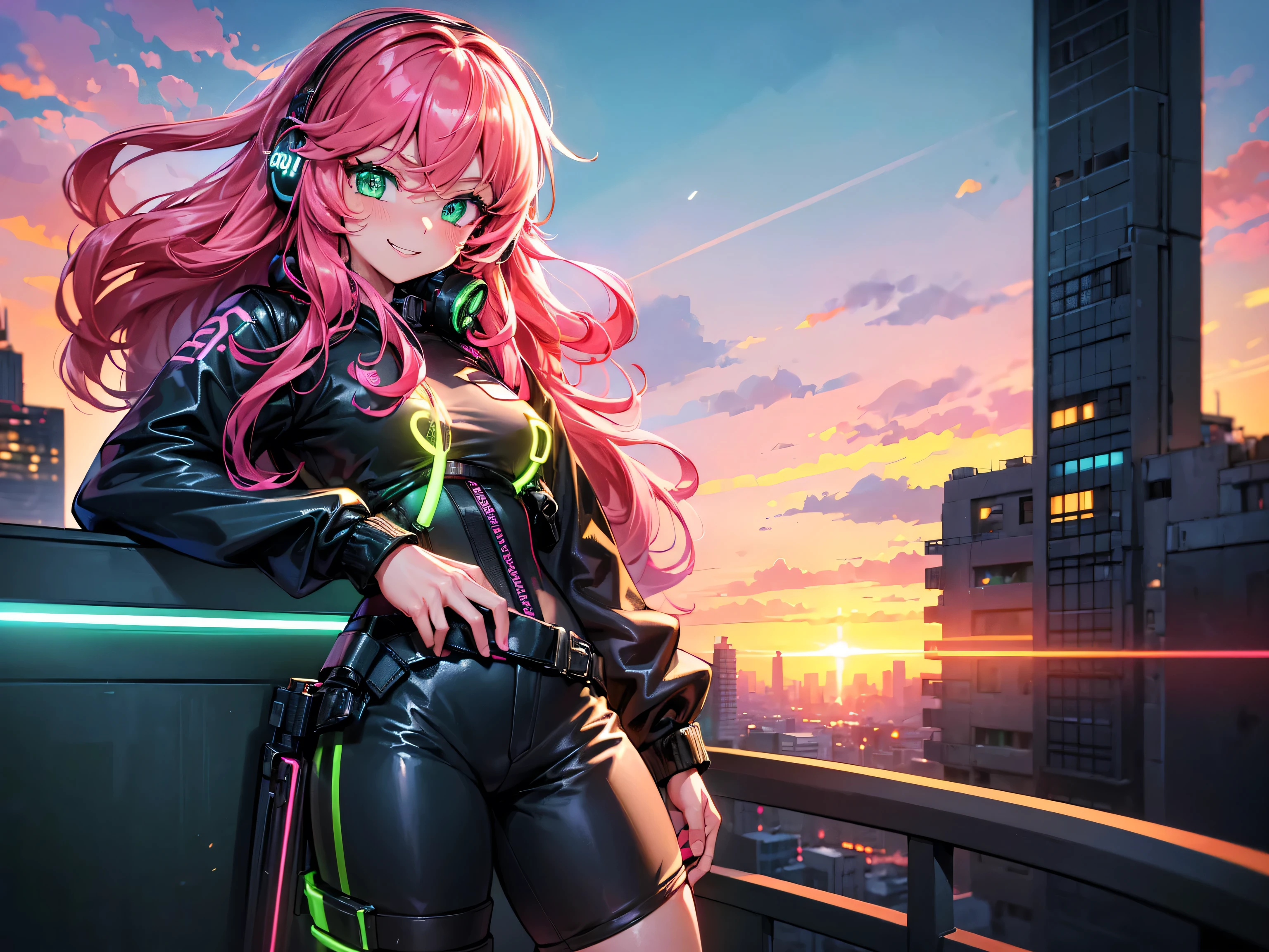 masterpiece:1.4, 1girl ((20year old, dressed in long sleeve shirt, tight black shorts, sneakers, medium breasts, multicolor pink hair, curly long hair, green eyes:1.4, Wearing headphones, happy, smiling, standing on a balcony:1.1 tall sci-fi buildings in background:1.1, neon and energetic atmosphere:1.2)) ((sunset)) (close up shot)) ((solo:1.6))