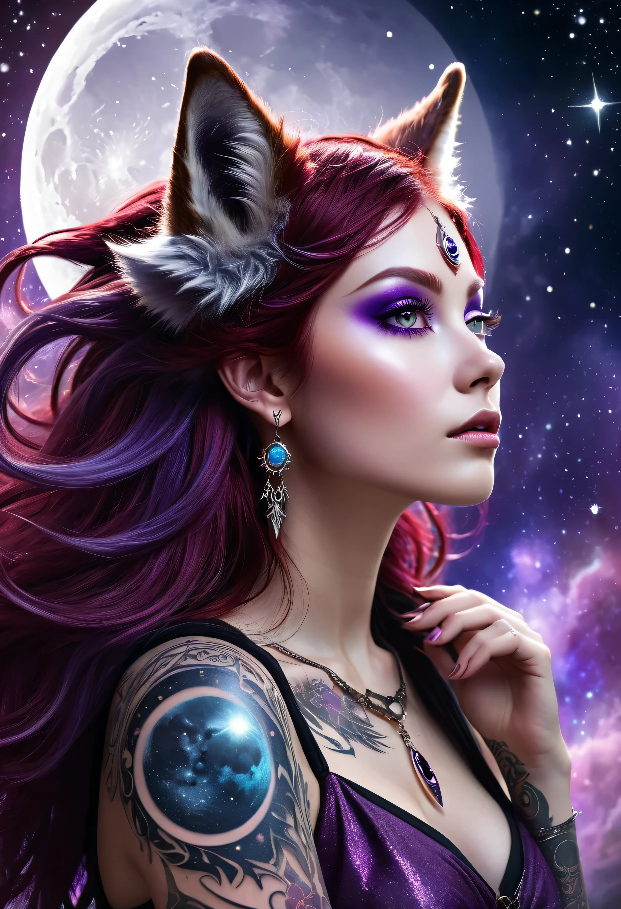 Fantasy, Digital Art, A mystical character with burgundy hair and violet eyes, intricate tattoos visible on their skin, gazing to their right, Otherworldly, ethereal essence, Celestial backdrop with swirling galaxies, cosmic, enchanting atmosphere, Pointed and furry ears, long silver tail, Character as a descendant of the ancient wolf clan, moon and star powers, Person dressed as a woman, Fantasy scene, celestial, enchanting, cosmic, digital art, burgundy hair, violet eyes, intricate tattoos, pointed ears, wolf clan, moon, stars