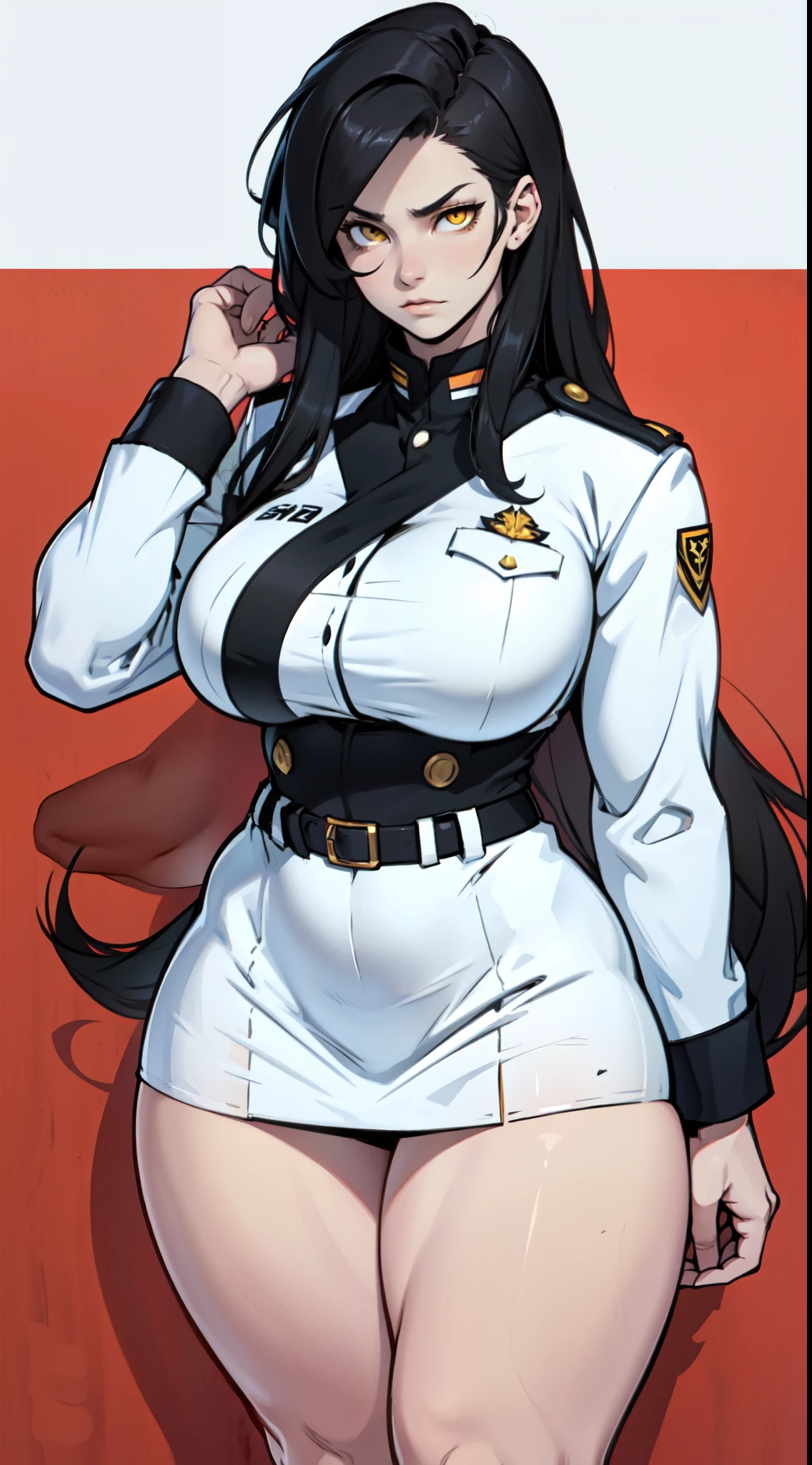girl breasts huge muscles huge thighs solo girl black hair extremely long hair pale skin expressionless yellow eyes (uniform)