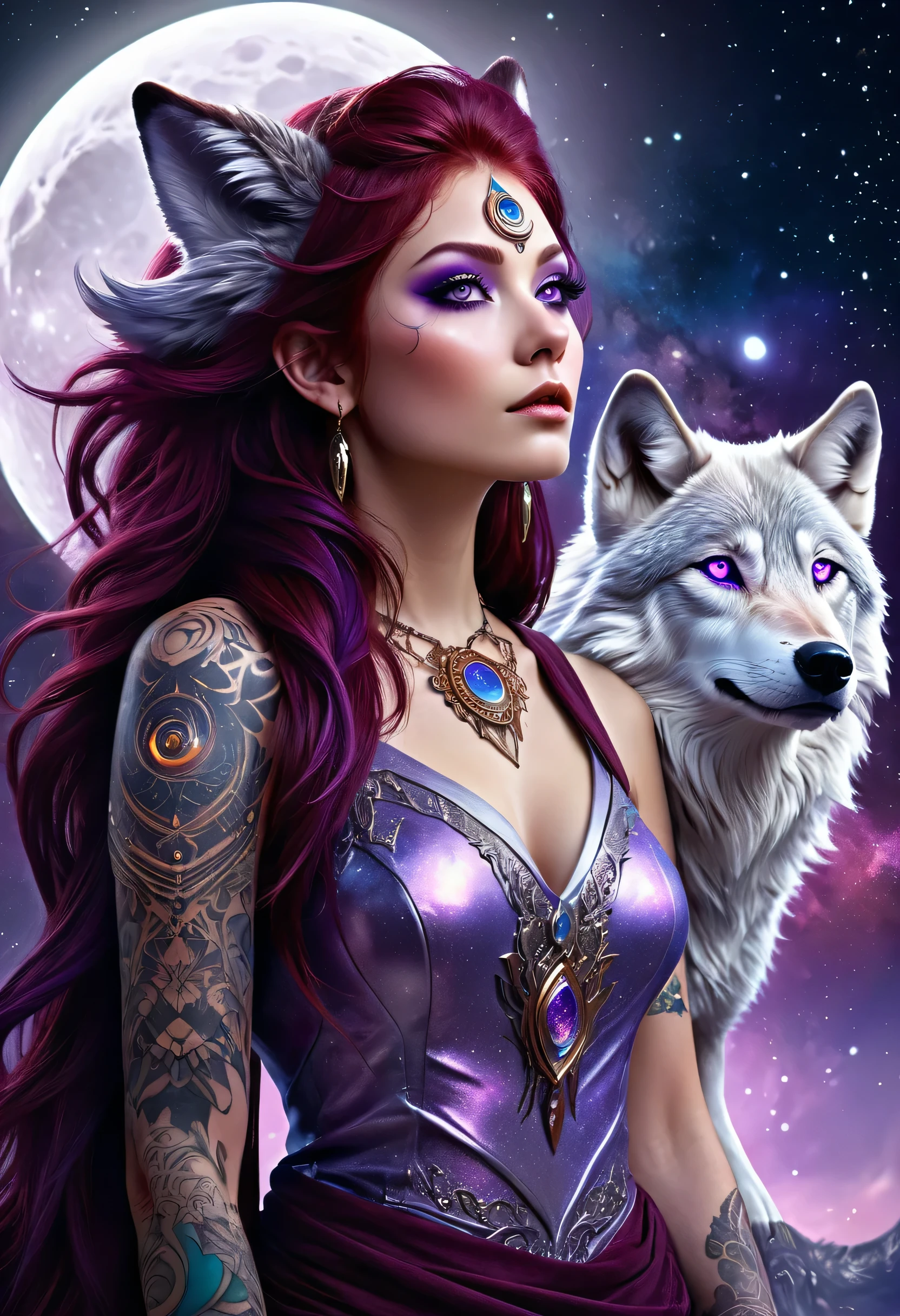 Fantasy, Digital Art, A mystical character with burgundy hair and violet eyes, intricate tattoos visible on their skin, gazing to their right, Otherworldly, ethereal essence, Celestial backdrop with swirling galaxies, cosmic, enchanting atmosphere, Pointed and furry ears, long silver tail, Character as a descendant of the ancient wolf clan, moon and star powers, Person dressed as a woman, Fantasy scene, celestial, enchanting, cosmic, digital art, burgundy hair, violet eyes, intricate tattoos, pointed ears, wolf clan, moon, stars