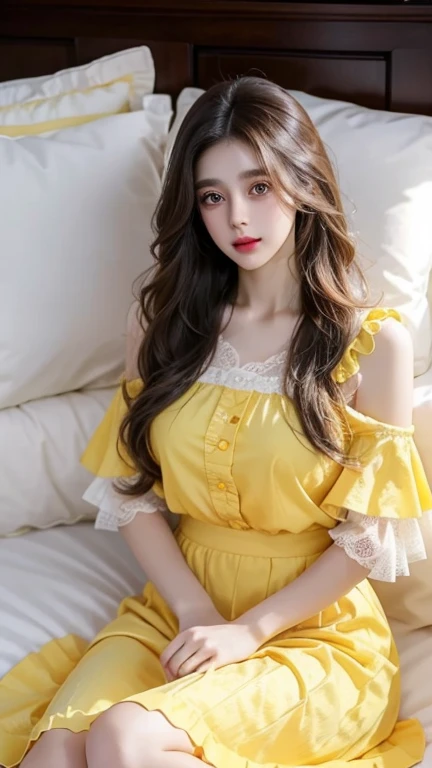 A young woman with a sweet, beautiful face, smooth white skin, and large, double-layered eyes. Long, dark brown hair with big curls. Wear a yellow skirt-style pajamas with lace ruffles in the bedroom.