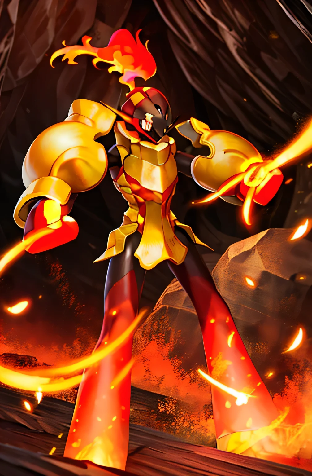 armarouge, mountain, fire on head, fire on eye, <lora:armarouge:0.8>, standing, solo, detailed, intricate
