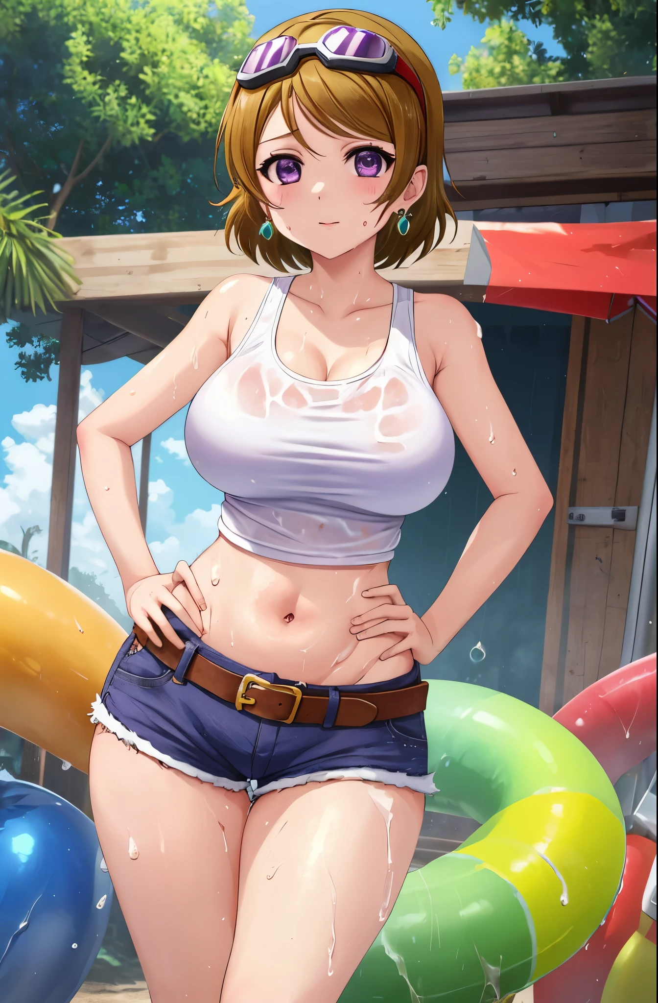 Masterpiece, best quality,solo, (cowboy shot), koizumi hanayo, purple eyes, big breasts, wide hips,hand on hip,  white tank top, brown short shorts,goggles on head, ,earrings, fortune , slightly exposed midriff ,sweaty oily skin, clothes soaked in sweat ,belt,(navel:1.1),(plump:0.8)