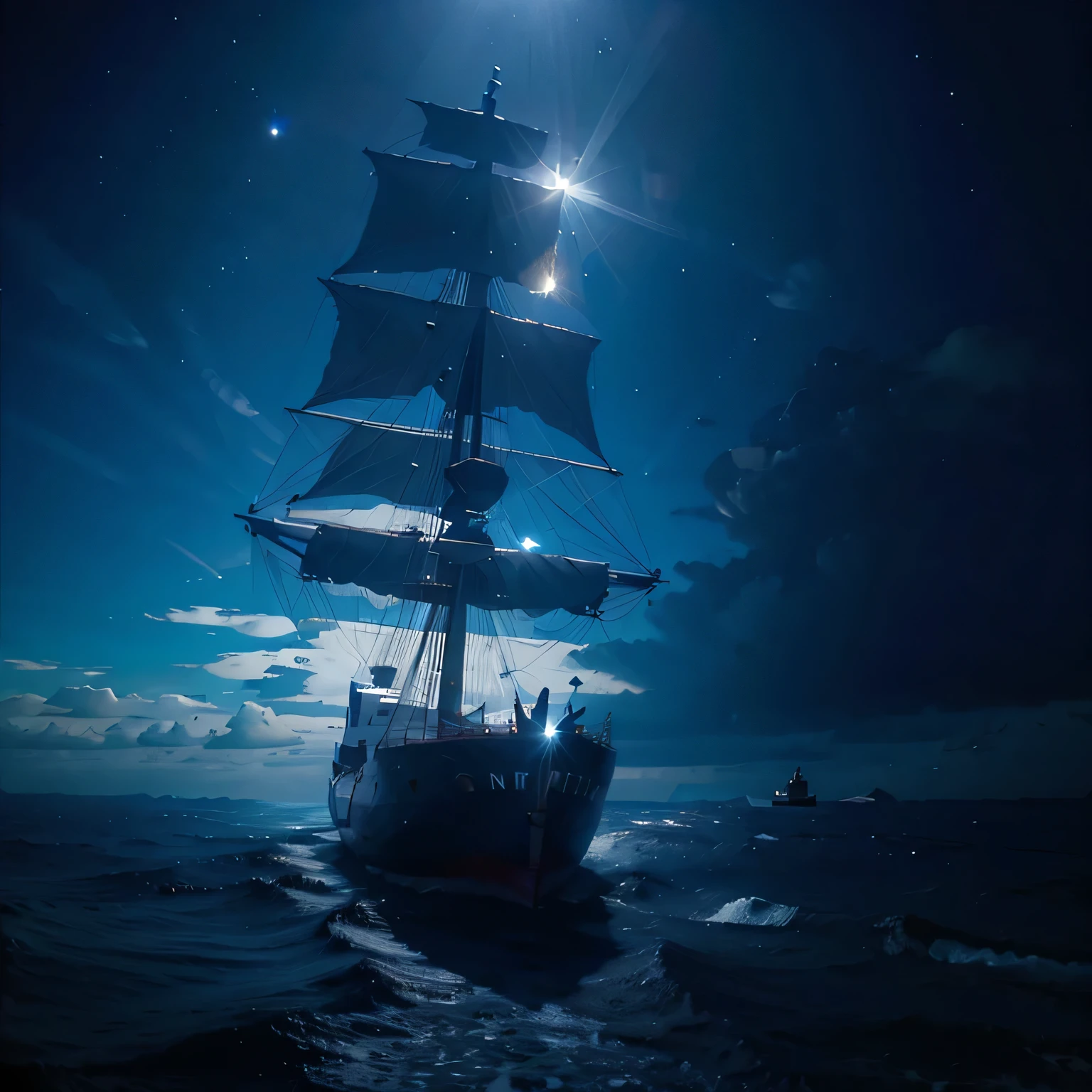 Un ciel nuit, with only one star shining. En dessous, l’ocean. Au premier plan, there is the shadow of a ship.