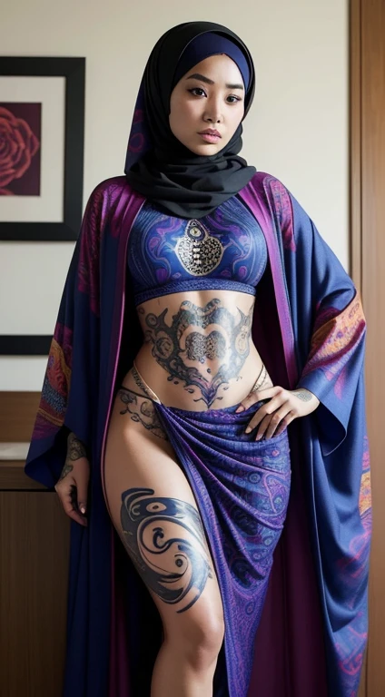 Asian WOMAN with a fully tattooed body with very colorful patterns((she is dressed in hijab ))((elle a une longue natte tressé))((entire body tattooed with intense color patterns))