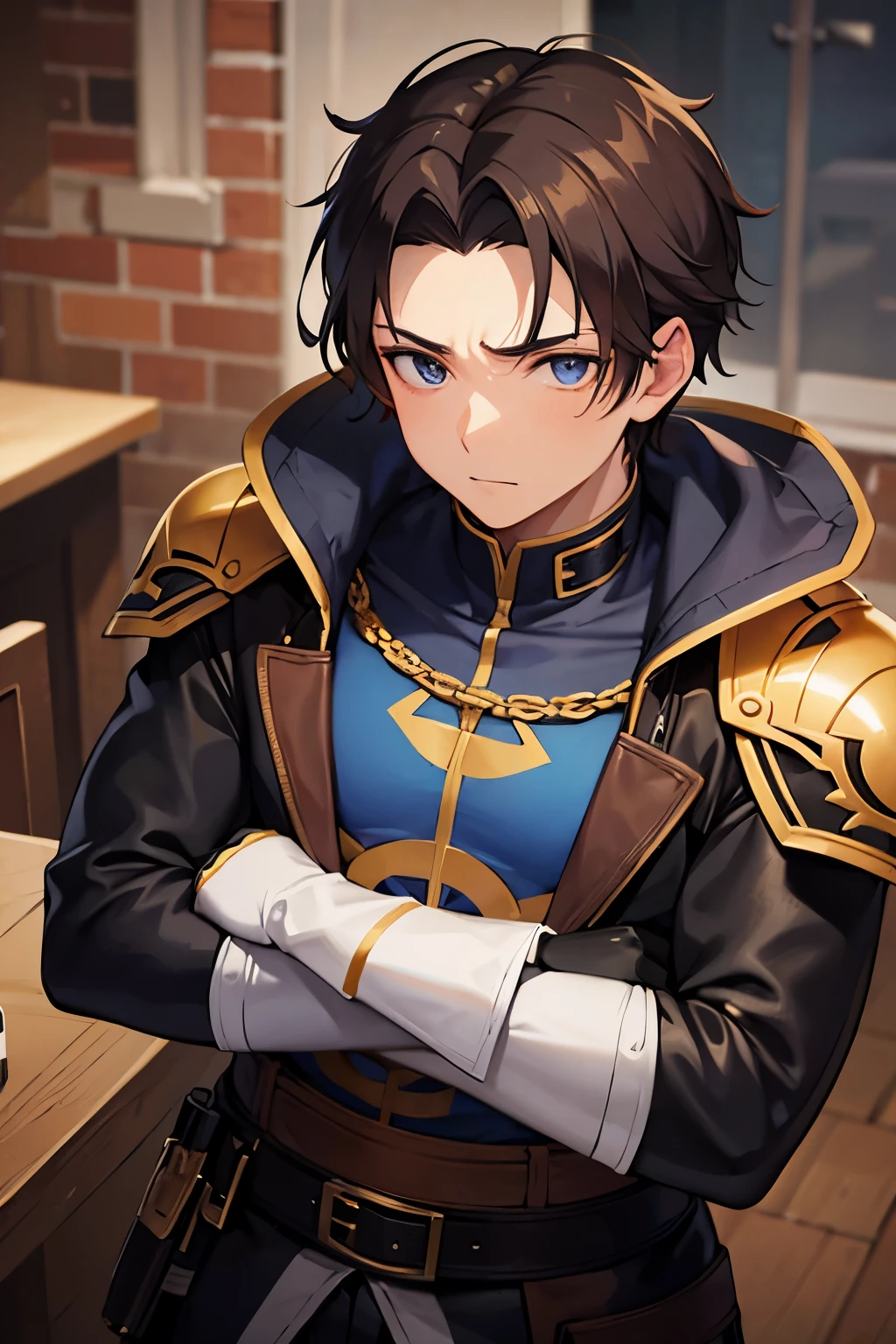 hombre de piel morena, Brown hair, cara seria, ojos azules, musculoso, traje de superheroe negro, cadenas, guantes, pose pelea,