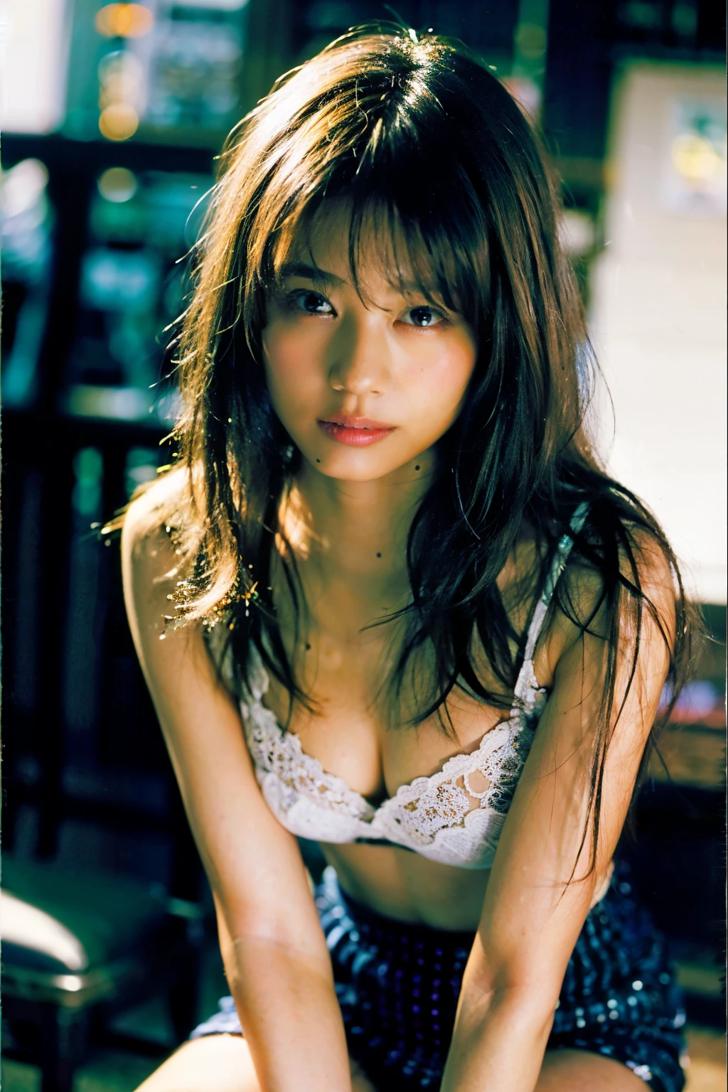 (highest quality), (Realistic, photo-Realistic:1.3), (masterpiece:1.3), CG, Unity, 8k, wonderful, In detail, Very detailedな, High resolution, Absurd
, (1 girl), alone, ((thigh:1.4)), cute, Sexy Body,young, (Looking at the audience), (Mouth closed:1.2),(Medium chest), Abstract, Very delicate and beautiful, Very detailed, Beautiful detailed girl, Best Shadow, Very detailed eyes and face, Beautifully detailed nose, Beautifully detailed by hand, beautiful, delicate and shiny lips:0.8, (Glowing skin on face and body), ((Oily body skin)), ((Dramatic Light)), Brown Hair, Digital SLR, Film Grain,(Realistic, RAW Photos, Digital SLR, Film Grain, Fujifilm XT3, Dark Shot, exposed for a long time, One girl, goddess, thigh, Thin, sheer white lace bra and thong, Black Pantyhose, street, Contrast Filter), ((Dark Shot)), exposed for a long time, goddess, Black Pantyhose, street, Contrast Filter