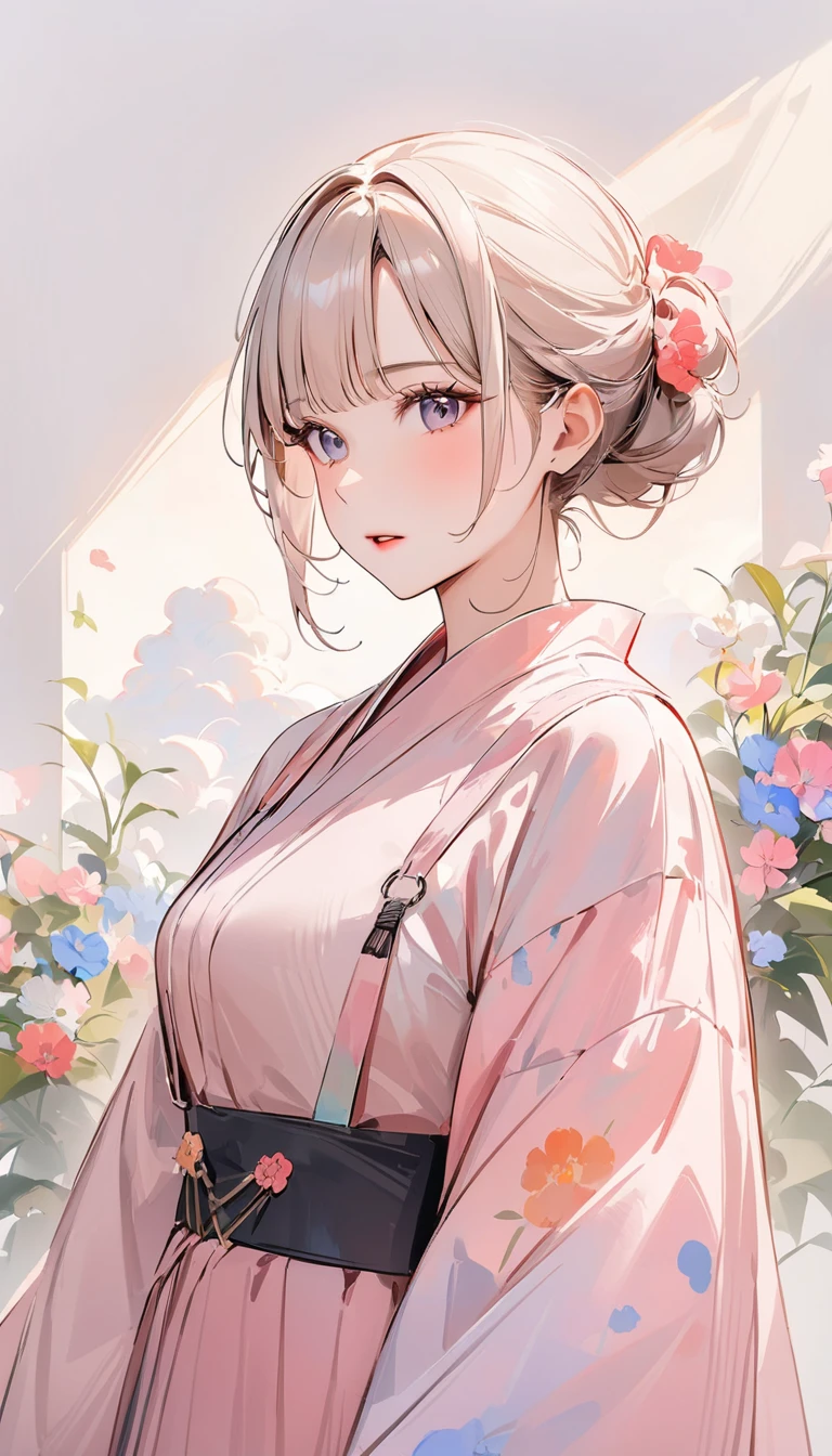 (((Simple configuration)))、(((The background is a white wall:1.2)))、One Girl、Perfect Anatomy、Picturesque、sketch、Very delicate、Cloud-like wall、、Floral、Delicate depiction、Abstract、Bright colors overall、Gentle color、kimono、Taisho romance、(masterpiece、highest quality、highest quality、Official Art、Beautiful, beautiful:1.2)