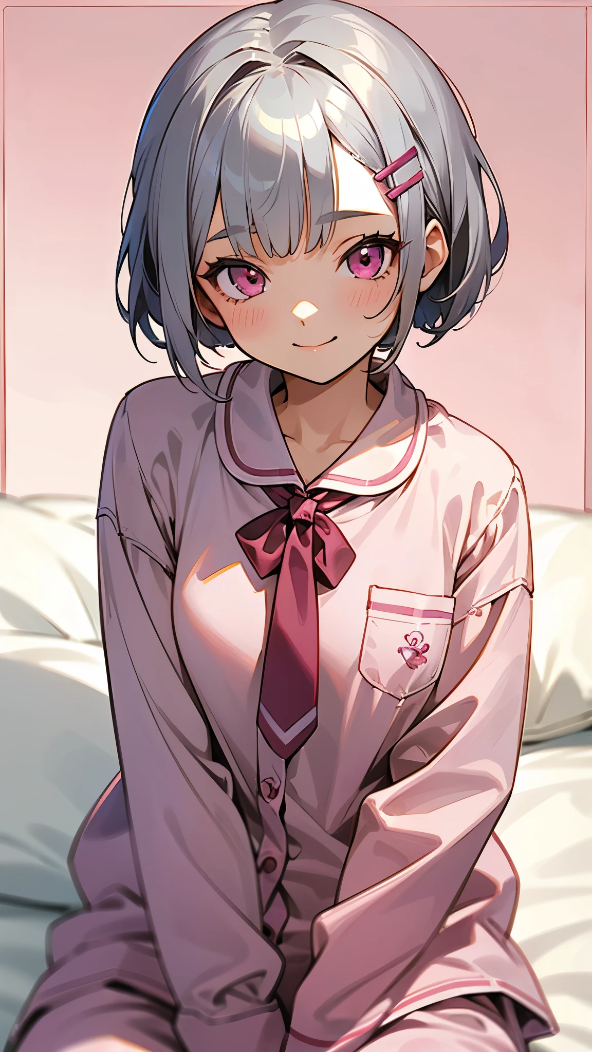 17 year old girl sitting on bed、alone、Anime style painting、Wearing pajamas、Silver and bob short hairstyle、Tie your hair up with a hair clip、Pink Eyes、smile、smile、The soft texture of pajamas、Upper body close-up、Grey and pink color scheme、Background Blur、Depth of the drawn border