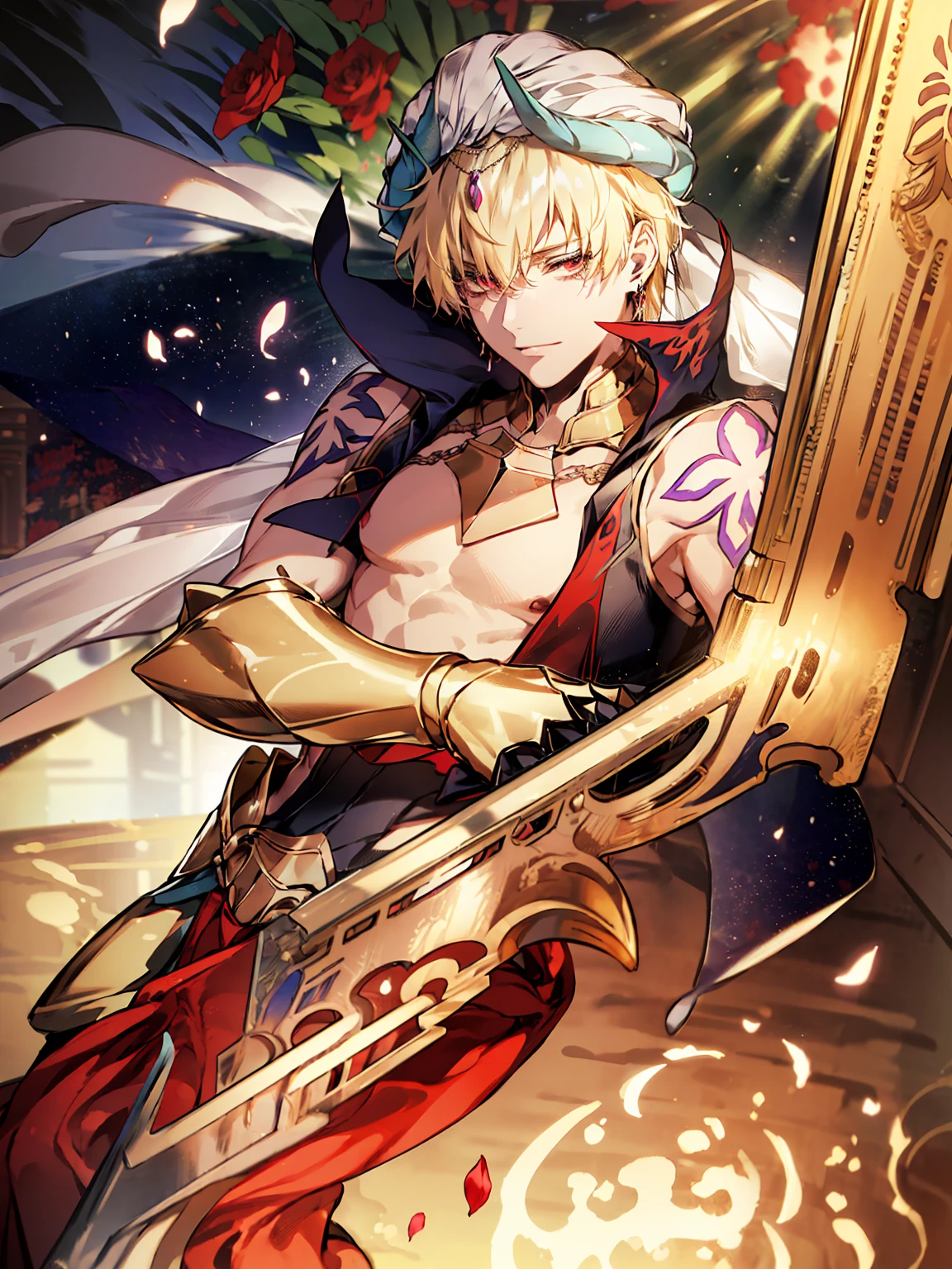 absurd resolution, high resolution, ultra detailed, HDR, master piece, best quality, extremely detailed face and eyes, beautiful vibrant eyes, Gilgamesh, blond hair, expressive red eyes, fate grand order, solo, sexy man, handsome, window, garden, red roses, petals