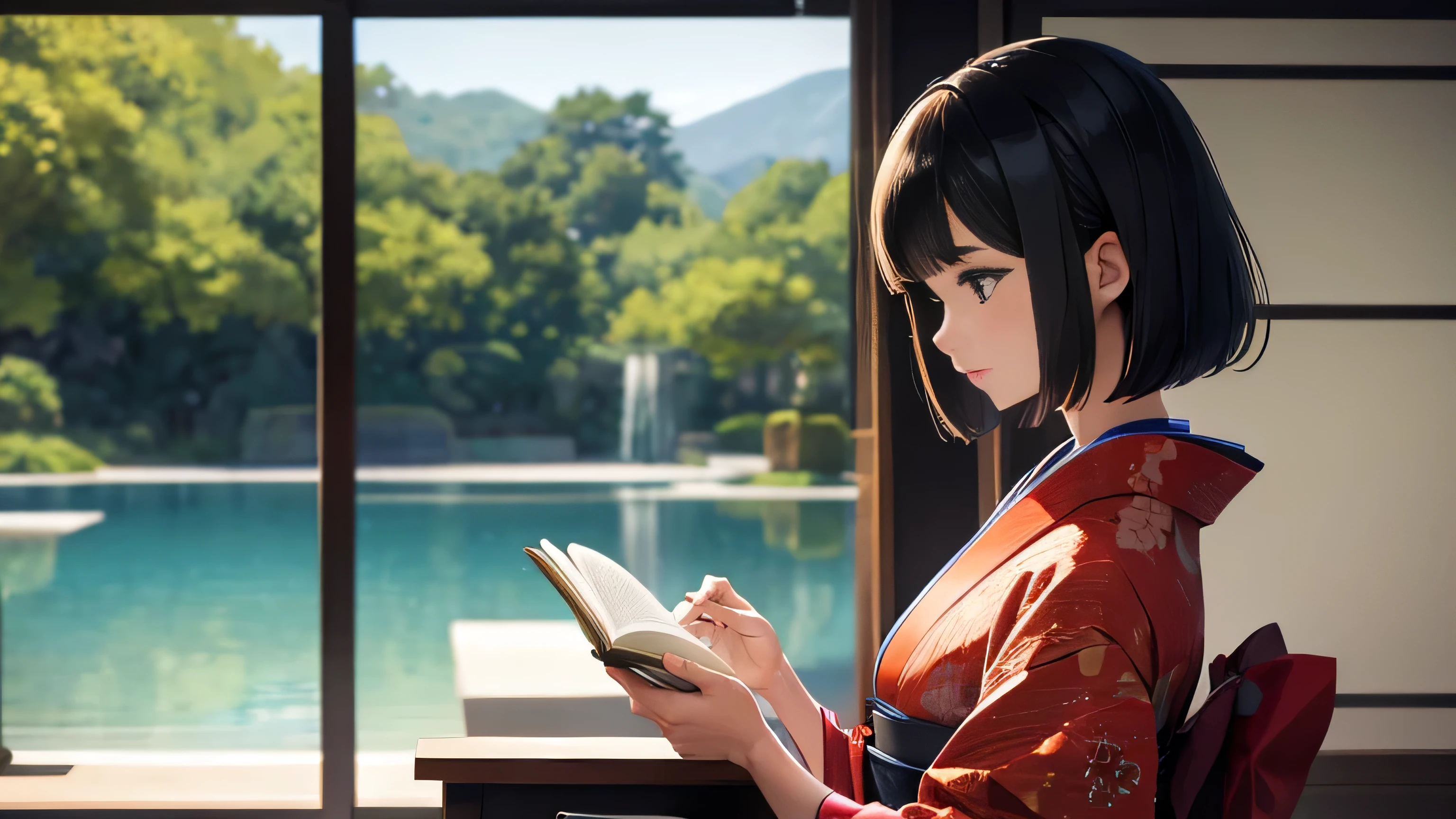 A beautiful girl reading in a kimono、profile、The hairstyle is a bob cut