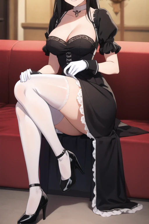 4K,s girl,cute face,Long black hair,Black eyes,ssmile,mediuml breasts,offcial dress,Simple hair accessories,Lace gloves,White suspender stockings,Pink high heels,full bodyesbian,in the castle,hands behind body,The edges are illuminated