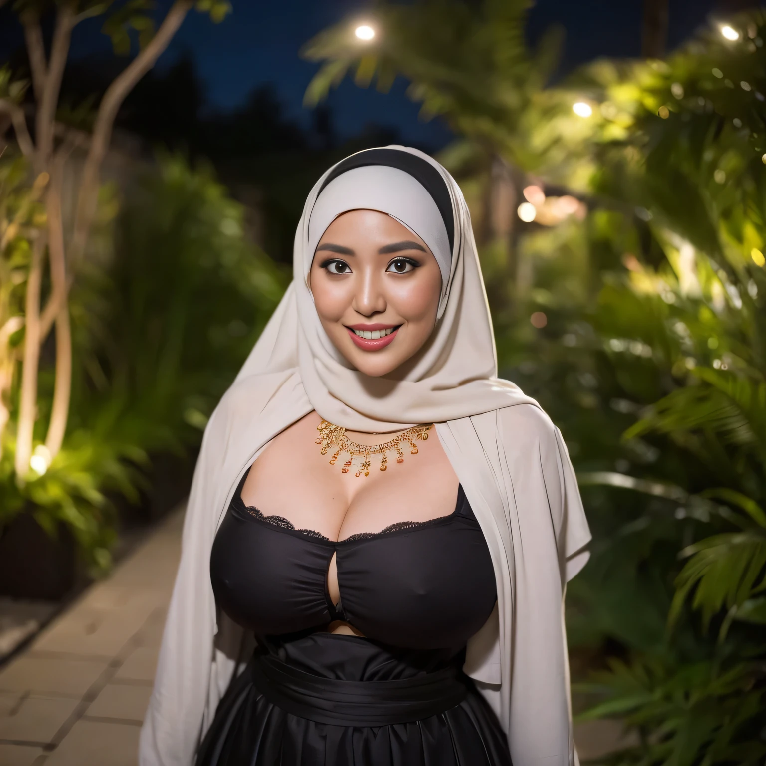 30 Years old, Indonesian MILF, wearing Wide Hijab, perfect curvy body, natural Huge breast : 42.9, gorgeous eyes, naughty smile, Gamis, necklace, hairband, Nightime walk, City garden, Excellent lighting, Dark colors, Clean lines, MP, Canon EOS 250D, 300dpi F2.