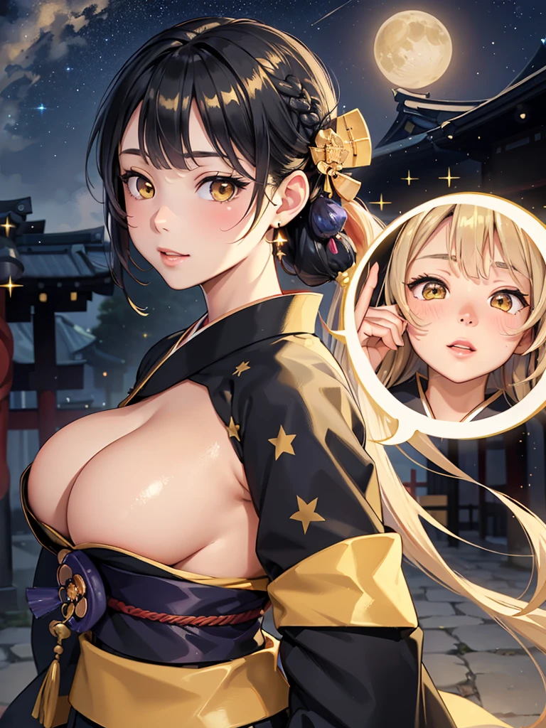 masterpiece、highest quality、High resolution、high quality images、8K, 1 female、skin luster、skin texture、Expression of fine eyes、Girl with long braided hair, realism, Detailed manga style, manga art style, perfect line drawing, beautiful line drawing, digital manga art girl,
(beautiful golden eyes:1.5), Clear, beautiful eyes、plump lips, Detailed gorgeous face, (cute smile), charm, Front view, (perfectly detailed face), (fine hands) 、(Five fingers:1.3)、photorealistic images, Depth of written boundary, face forward , night sky , night view ,beautiful starry sky , romanticism、(Taisho Era、japanese black and golden kimono:1.5)、(large breasts:1.35)、blush、Black Hair、Gorgeous blue sparkling earrings、Gorgeous gold bracelet、Gorgeous gold anklets、(oblong face:1.5)、(Sparkling Glitter:1.2)、Bangs between the eyes、(portrait:1.6)
Graceful、Kyoto street、Moon Night,The beautiful old town of Kyoto、(Hands should be hidden behind the body:1.4)、Hairpin