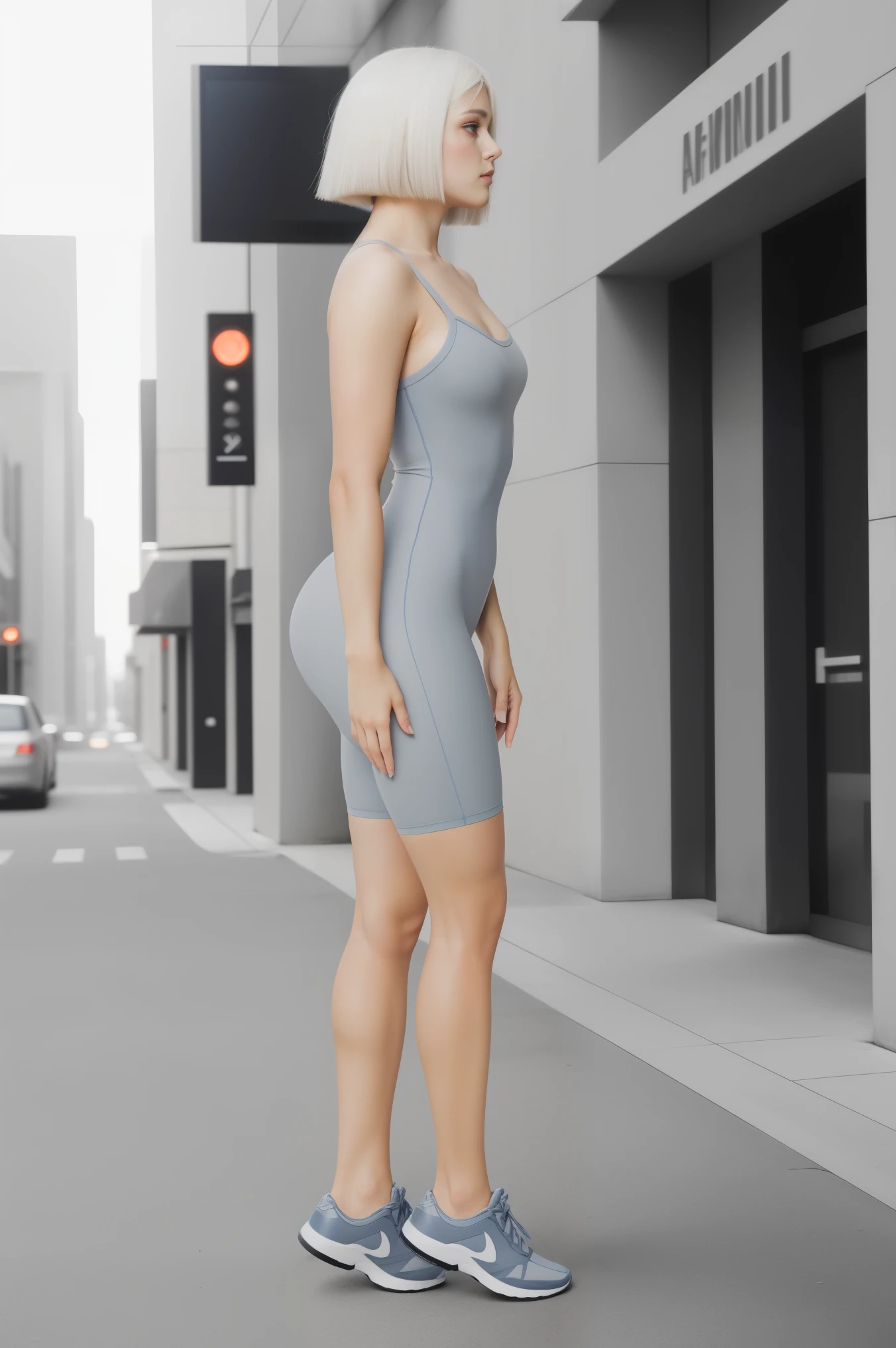 RAW, Raw photo, ((best quality)), ((masterpiece)), absurdres, film grain, extremely detailed, amazing, (fine detail:1.2), unbelievable intricate details, (intricate detailed:1), (ultra skin texture) realistic, (high quality:1.2), sharp focus, smooth, aesthetic, extremely detailed, photo_\(ultra\, professional, post-processing, max detail, roughness, real life, photo-realistic 8k, photorealism, (4k ultra highres:1.2), 4K wallpaper, highres, nikon d850 film stock photograph 4 kodak portra 400 camera f1.6 lens rich colors hyper realistic lifelike texture, unrealengine, trending on artstation cinestill 800 tungsten, trending on instagram, wide angle, artstation, bright soft diffused light, bright contrast, professional colorgraded, DSLR BREAK (kkw-ph1:0.9), Fujicolor 400, Nikon F401, creating an image that is both awe-inspiring and visually stunning BREAK, Cityscape, sci-fi, (standing on the street:1.2), (daytime:1.2), BREAK (sunlight spilling:0.7), outdoor photo, ((blurry background, motion blur)), Professional portrait photograph of a gorgeous 20yo beautiful woman, elegant, parted lips, close mouth, (pale white skin:1.2), (glossy skin:1.2), hourglass body figure, ((platinum blonde layered messy bob hair:1.2) BREAK (emphasis her hair is layered messy bob hairstyle)), 1girl, solo, 1character, Standing, (full body:1.3), (from side view:1.27), (from below:1.05), (center angle of character:1.2), wide angle, dynamic pose, (Wearing acec short unitard jumpsuit), (light grayish-blue:1.3)_short jumpsuit, sleeveless, cleavage, one piece outfit, (grayish-blue bright shiny metallic outfit:1.3) BREAK, (Wearing sneakers:1), footwear,