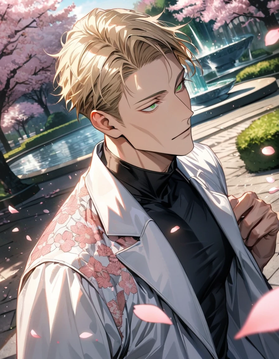 Ultra detailed, Highres, absurdres, HDR, Nanami Kento, blond hair, expressive green eyes, park, fountain, Jujutsu Kaisen, pink flowers, petals, sexy man, handsome, solo, very detailed eyes and face, butterflies, master piece, black tight t-shirt, cherry blossoms, white long coat with patterns,