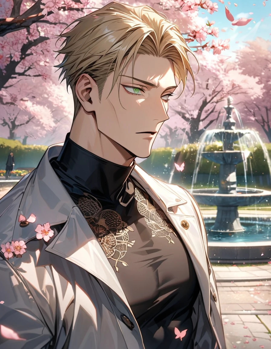 Ultra detailed, Highres, absurdres, HDR, Nanami Kento, blond hair, expressive green eyes, park, fountain, Jujutsu Kaisen, pink flowers, petals, sexy man, handsome, solo, very detailed eyes and face, butterflies, master piece, black tight t-shirt, cherry blossoms, white long coat with patterns,