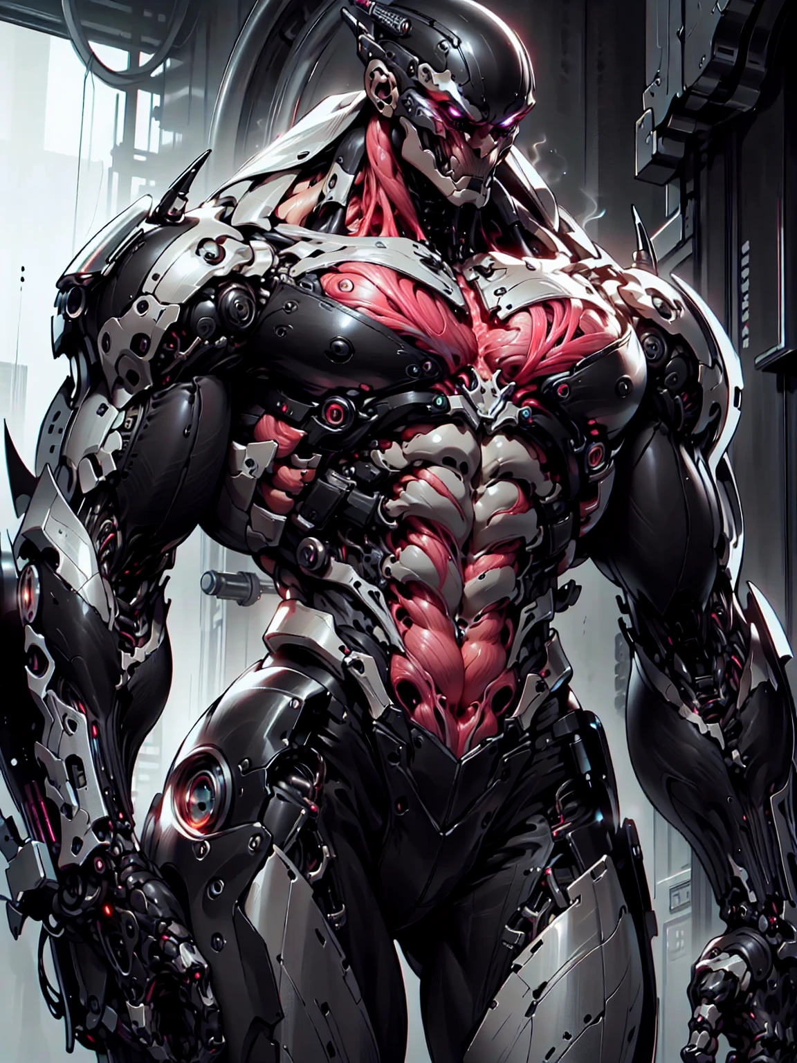 (1 girl), (cara delevingne), (muscular android girl wearing a black anatomic cybernetic muscle suit:1.25), (wide shoulders:1.25), (muscular defined physique:1.25), perfect hands, long hair, large breasts, high resolution image, extreme detail, blank background
