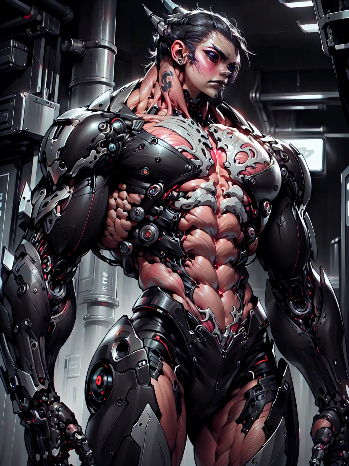 (1 girl), (cara delevingne), (muscular android girl wearing a black anatomic cybernetic muscle suit:1.25), (wide shoulders:1.25), (muscular defined physique:1.25), perfect hands, long hair, large breasts, high resolution image, extreme detail, blank background