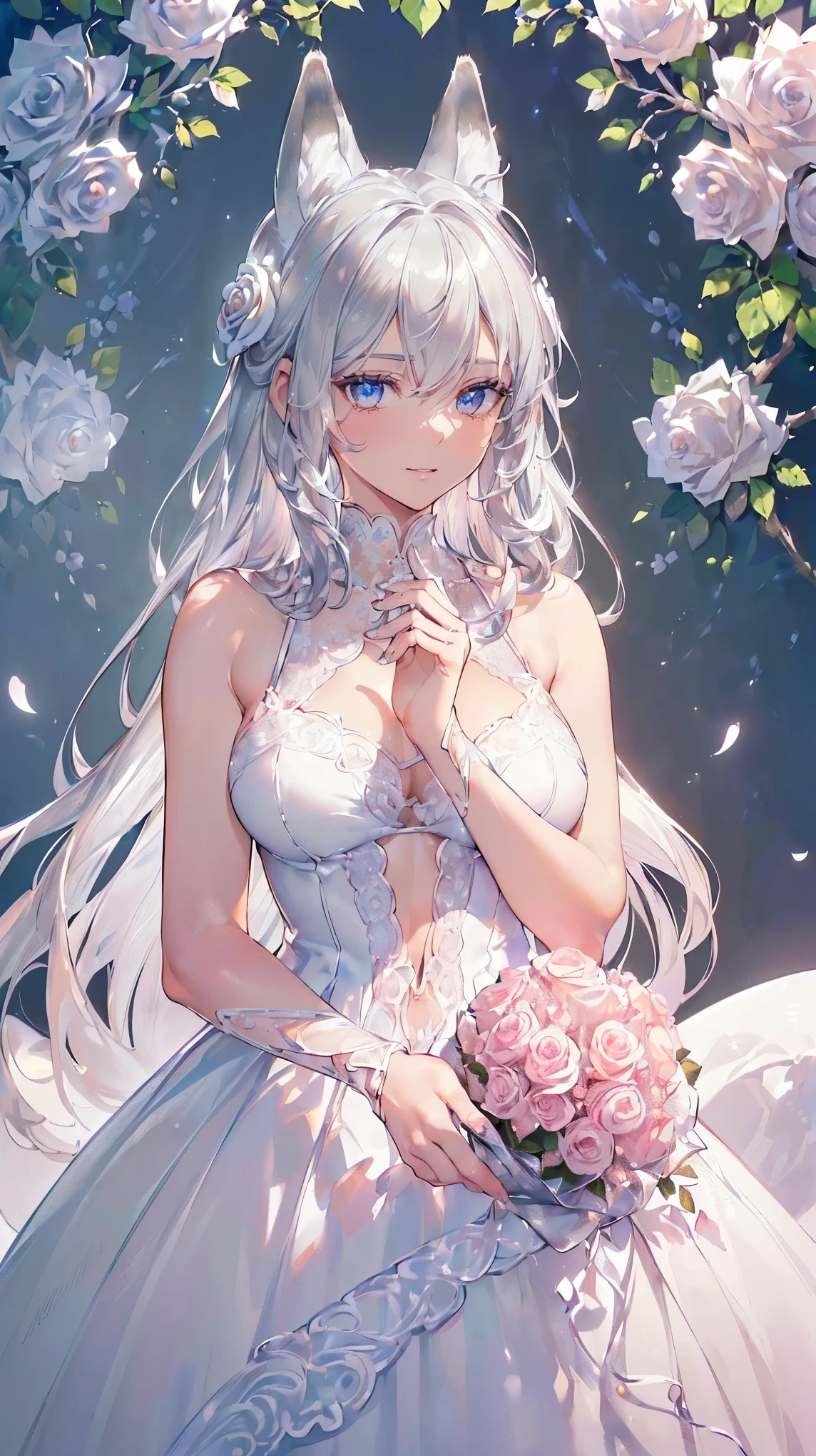 (((Masterpiece))), (((Highest quality))), ((Ultra-detailed)), ((Super fine illustration)), ((Ultra-fine painting)), (16K highest quality wallpaper:1.4), (Upper body:1.4), (Highly detailed and delicate illustration style:1.8), Detailed skin texture, Detailed cloth texture, Detailed rose flower texture, Extreme detailed description, (T-masterpiece), (Highly detailed face:1.4), (Highly detailed silver fox ears:1.2), (Highly detailed silver hair:1.2), (Highly detailed, beautiful and clear eyes:1.2), Original, RAW photo, Professional, Intricate details, Super details, Direct light:1.6, (Perfect anatomy:1.4), (Highly detailed hands:1.2), (Highly detailed fingers:1.2), (Highly detailed fingertips:1.2), (27-years-old), Real, (Solo:1.6), ((A very beautiful and attractive silver fox female fashion model:1.4)) BRAKE (Beautiful and adorable silver fox ears:1.6), (Highly detailed and delicate silver fox ears:1.4), (Beautiful and well-shaped big breasts:1.2), (Beautiful and well-shaped buttocks), (Beautiful and shiny silver hair:1.6), (Highly detailed and delicate silver hair:1.4), (Beautiful clear blue eyes that shine with great detail:1.6), (Highly detailed and delicate blue eyes:1.2), (Highly detailed face:1.4), (Smile:1.4), (Looking at viewer:1.4), (Standing:1.4), (Celebration:1.4) BRAKE ((A beautiful and gorgeous princess dress that is detailed and delicate to be worn at celebratory occasions:1.4)) BRAKE ((Holding in both hands a large bouquet of highly detailed and delicate ((white and pink roses)):1.3)) BRAKE (Just after noon:1.4), (Celebration:1.4), ((Highly detailed and delicate white rose flower and pink rose flower garden background:1.4)), (Highly detailed and delicate royal palace courtyard background in just after noon in spring:1.4) BRAKE
