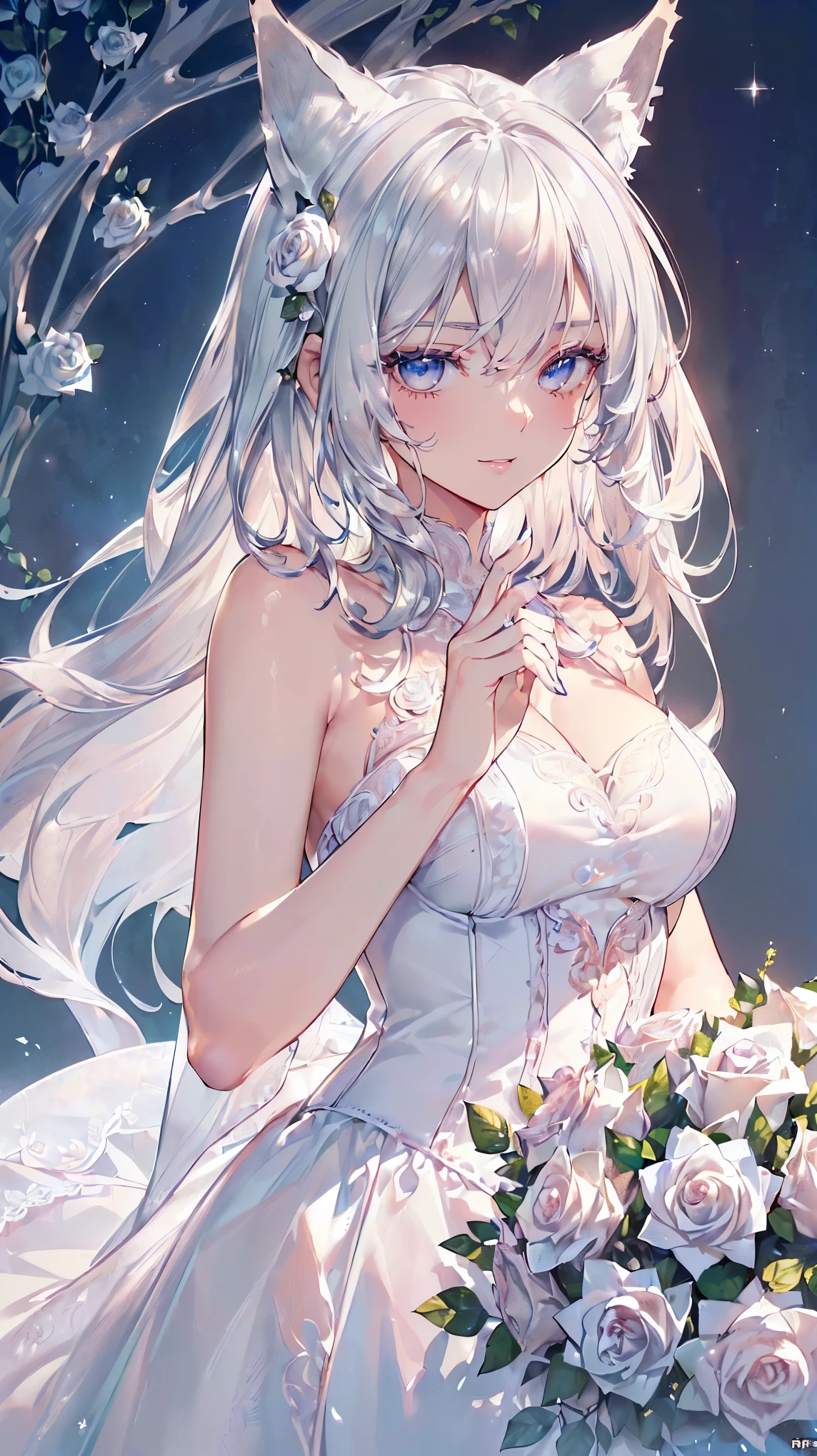 (((Masterpiece))), (((Highest quality))), ((Ultra-detailed)), ((Super fine illustration)), ((Ultra-fine painting)), (16K highest quality wallpaper:1.4), (Upper body:1.4), (Highly detailed and delicate illustration style:1.8), Detailed skin texture, Detailed cloth texture, Detailed rose flower texture, Extreme detailed description, (T-masterpiece), (Highly detailed face:1.4), (Highly detailed silver fox ears:1.2), (Highly detailed silver hair:1.2), (Highly detailed, beautiful and clear eyes:1.2), Original, RAW photo, Professional, Intricate details, Super details, Direct light:1.6, (Perfect anatomy:1.4), (Highly detailed hands:1.2), (Highly detailed fingers:1.2), (Highly detailed fingertips:1.2), (27-years-old), Real, (Solo:1.6), ((A very beautiful and attractive silver fox female fashion model:1.4)) BRAKE (Beautiful and adorable silver fox ears:1.6), (Highly detailed and delicate silver fox ears:1.4), (Beautiful and well-shaped big breasts:1.2), (Beautiful and well-shaped buttocks), (Beautiful and shiny silver hair:1.6), (Highly detailed and delicate silver hair:1.4), (Beautiful clear blue eyes that shine with great detail:1.6), (Highly detailed and delicate blue eyes:1.2), (Highly detailed face:1.4), (Smile:1.4), (Looking at viewer:1.4), (Standing:1.4), (Celebration:1.4) BRAKE ((A beautiful and gorgeous princess dress that is detailed and delicate to be worn at celebratory occasions:1.4)) BRAKE ((Holding in both hands a large bouquet of highly detailed and delicate ((white and pink roses)):1.3)) BRAKE (Just after noon:1.4), (Celebration:1.4), ((Highly detailed and delicate white rose flower and pink rose flower garden background:1.4)), (Highly detailed and delicate royal palace courtyard background in just after noon in spring:1.4) BRAKE