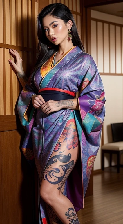 Asian WOMAN with a fully tattooed body with very colorful patterns((she is dressed in a traditional kimono ))((elle a une longue natte tressé))((entire body tattooed with intense color patterns))