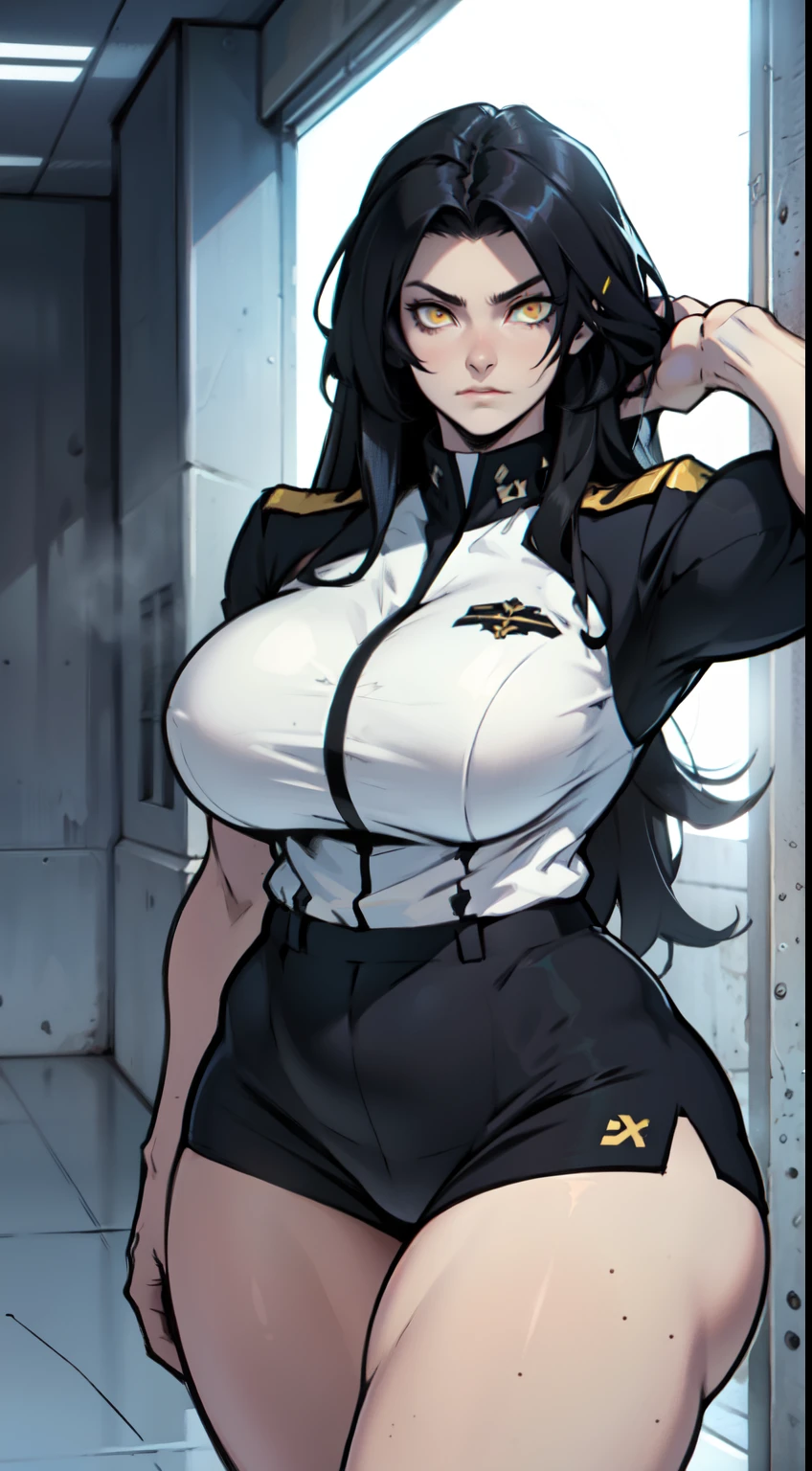 girl breasts huge muscles huge thighs solo girl black hair extremely long hair pale skin expressionless yellow eyes (uniform)