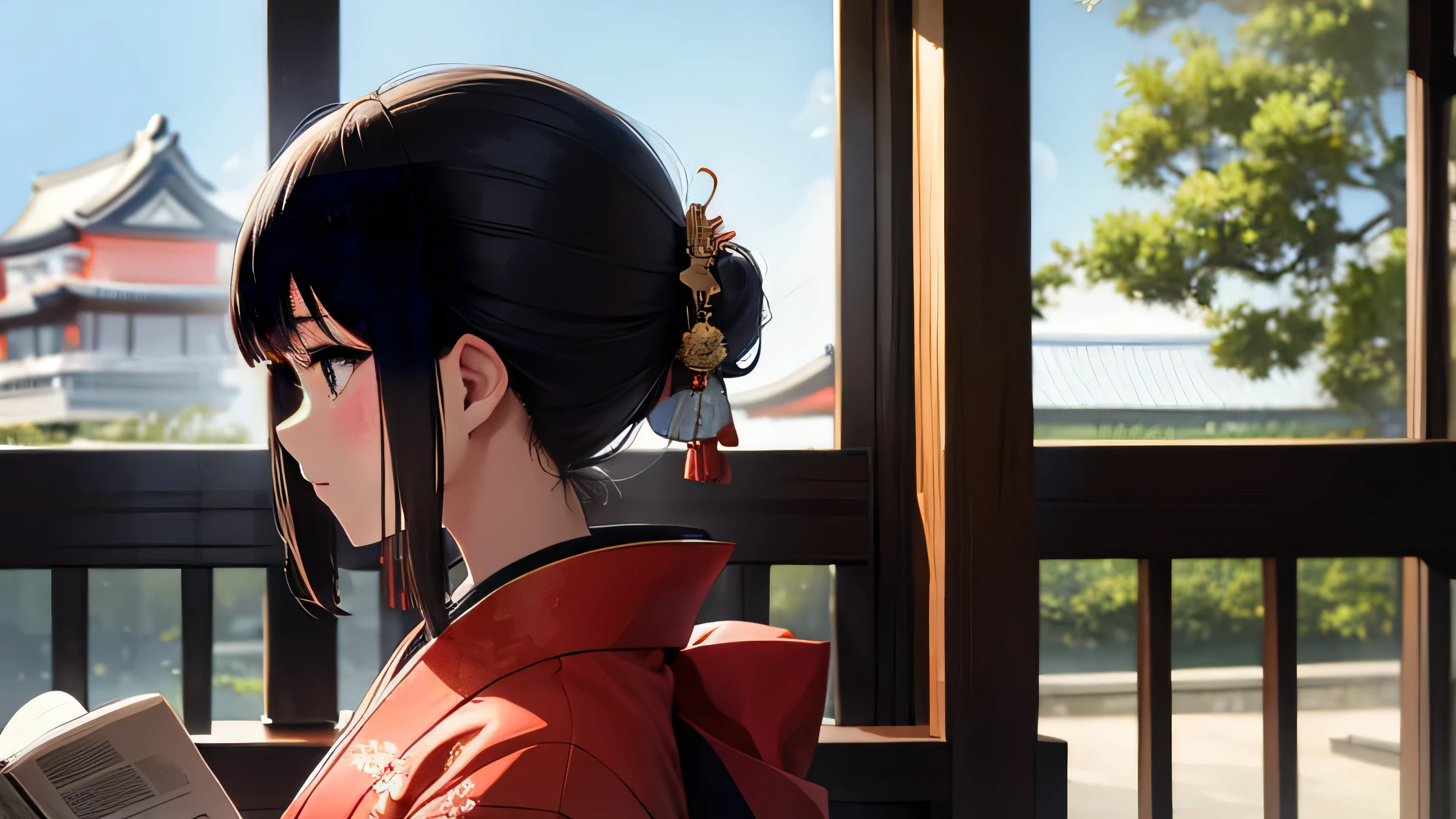 A beautiful girl reading in a kimono、profile、