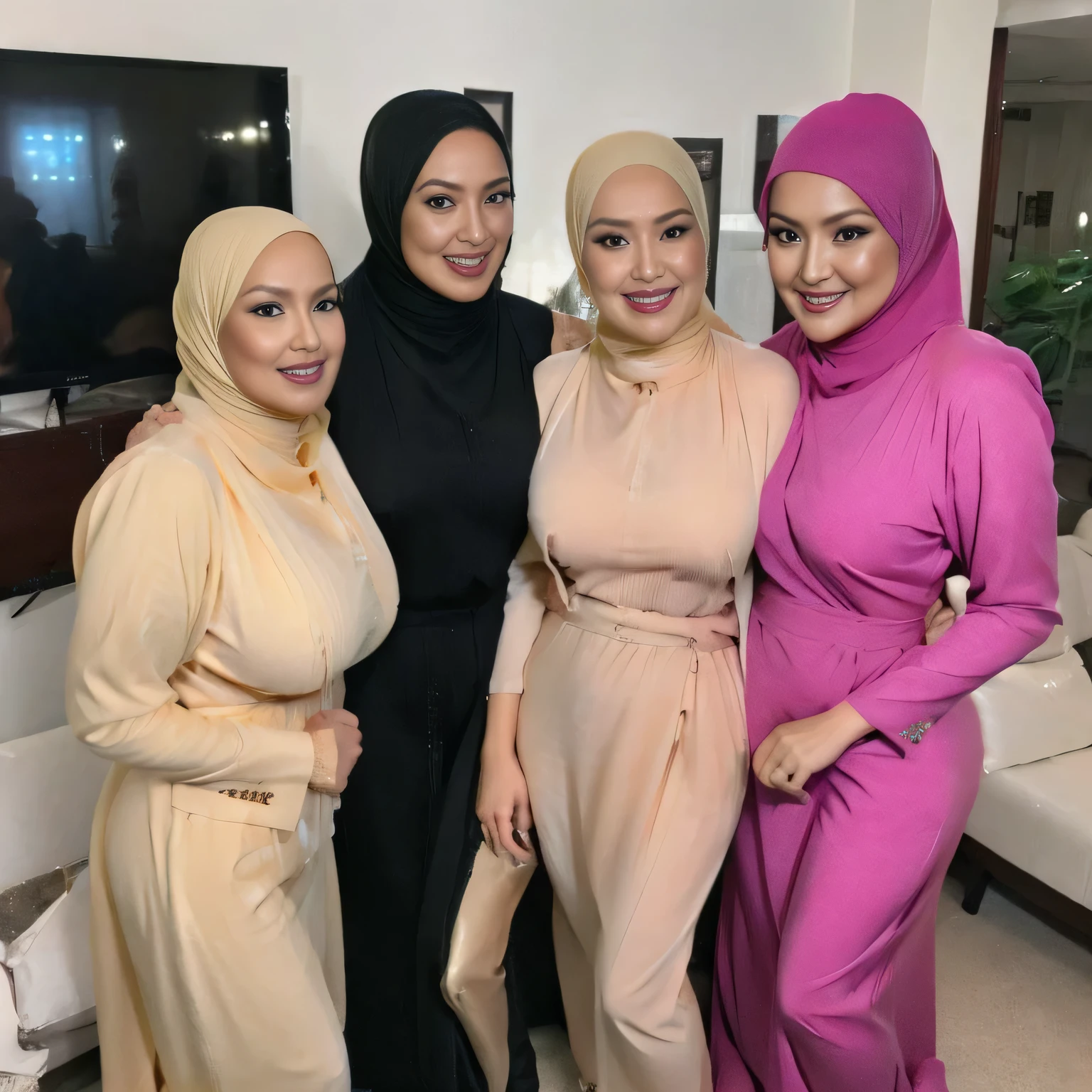 36 years Old , 3 woman, Hijab Indonesian Beautiful woman, laurenphillips and MiraFilzah and Siti.ai posing side by side, Massive Gigantic Saggy Breast : 8, Tight Gamis, sexy but tight attire accentuate body curves, Busty Body, Realistic Perfect Six Pack abs : 2.6, lingerie, smile seductively, bend over office table, Breast about To burst out from her clothes, high heels, at office, Dark light, at Nighttime