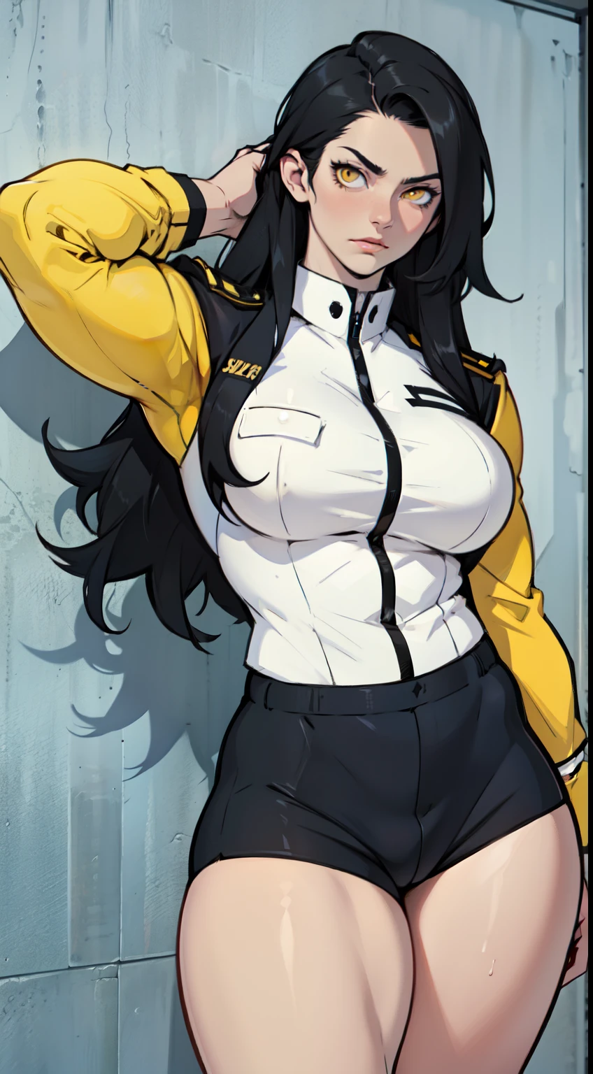 girl breasts huge muscles huge thighs solo girl black hair extremely long hair pale skin expressionless yellow eyes (uniform)